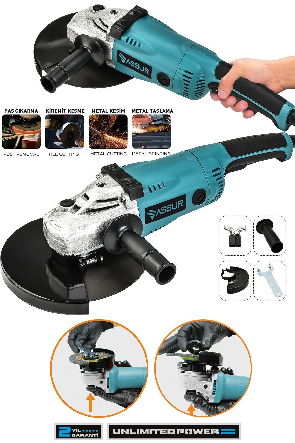 ASSUR 2200w Metal Şanzıman 230mm Büyük Sipiral Taşlama