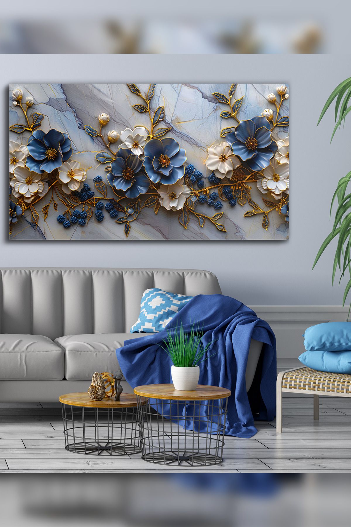 Evinemoda Mavi Beyaz Çiçekler Tek Parça Kanvas - Canvas Tablo
