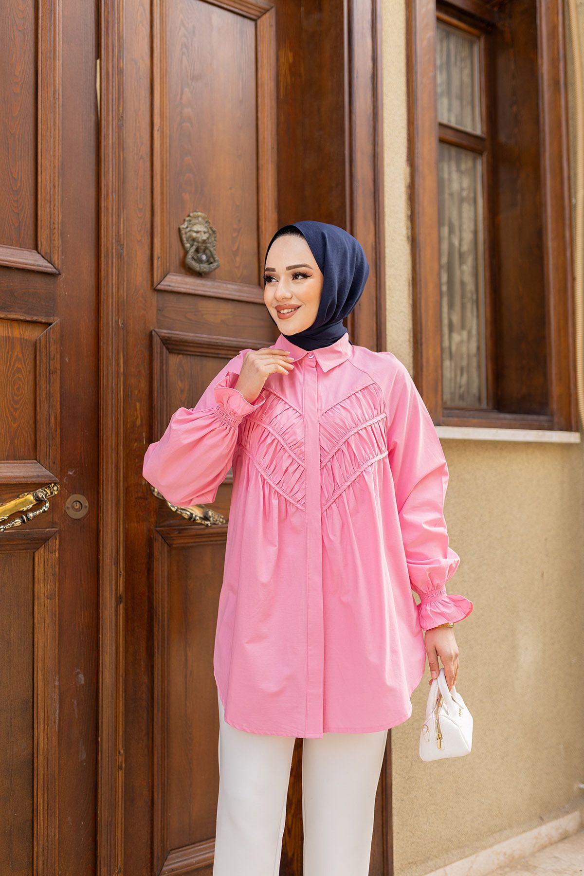 LOCCO Kadın Önü Parça Roba Büzgülü Tunik Pembe