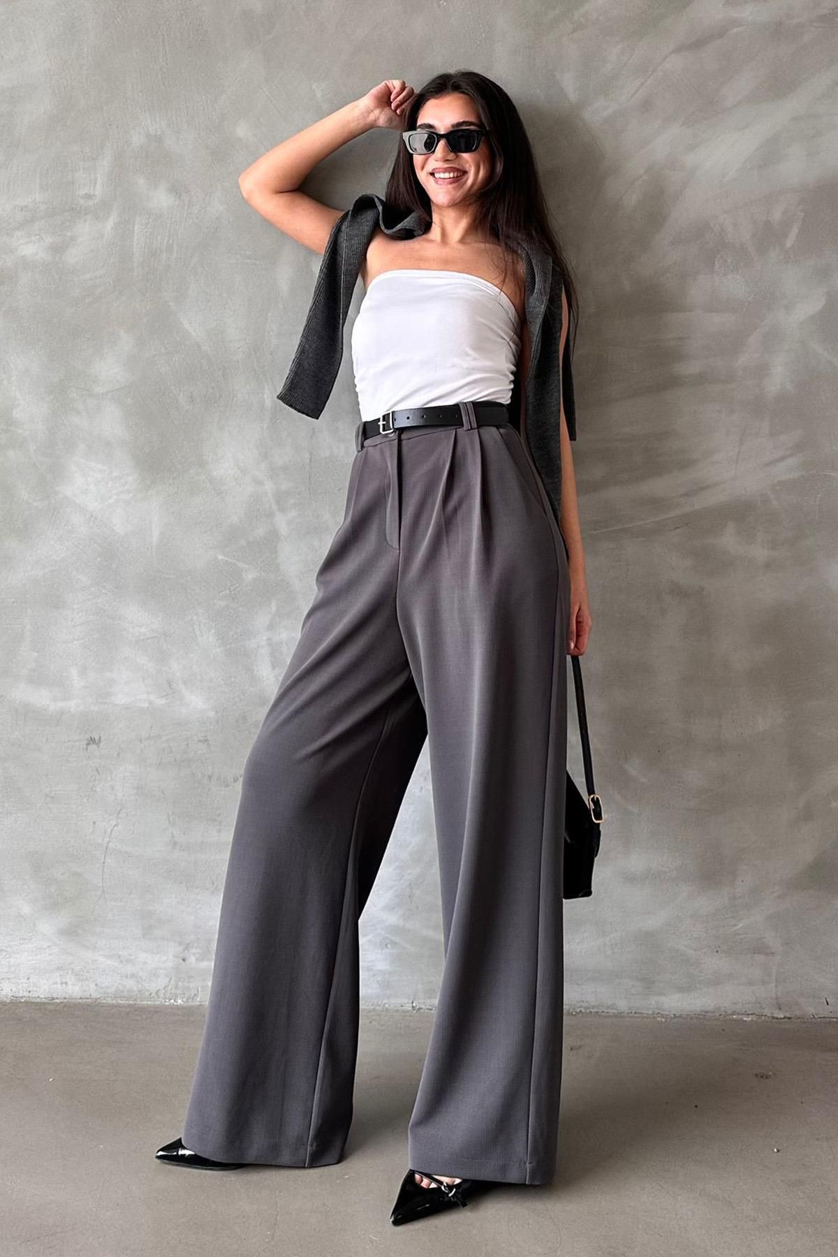 Madmext Füme Çift Pileli Kemerli Pantolon Mg2330