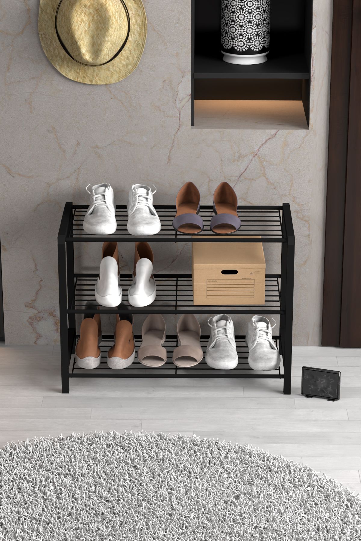 L'occi Concept Ludlow 3 Raflı Metal Ayakkabılık Çok Amaçlı Raf Ayakkabı Rafı  LU11-SM