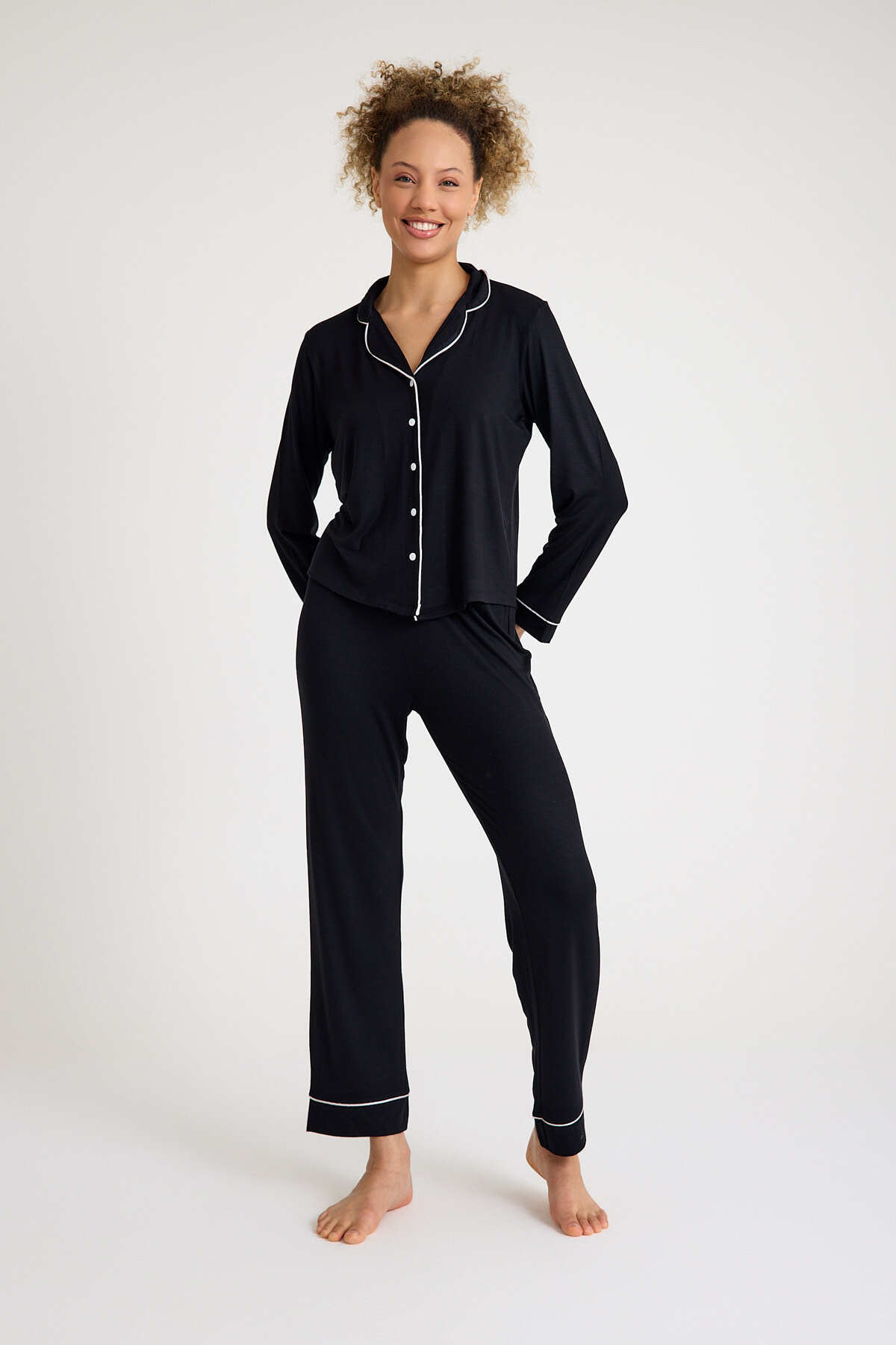 No52 HomeWear Kadın Pijama Takımı %90 Pamuk %10 Elastan Siyah