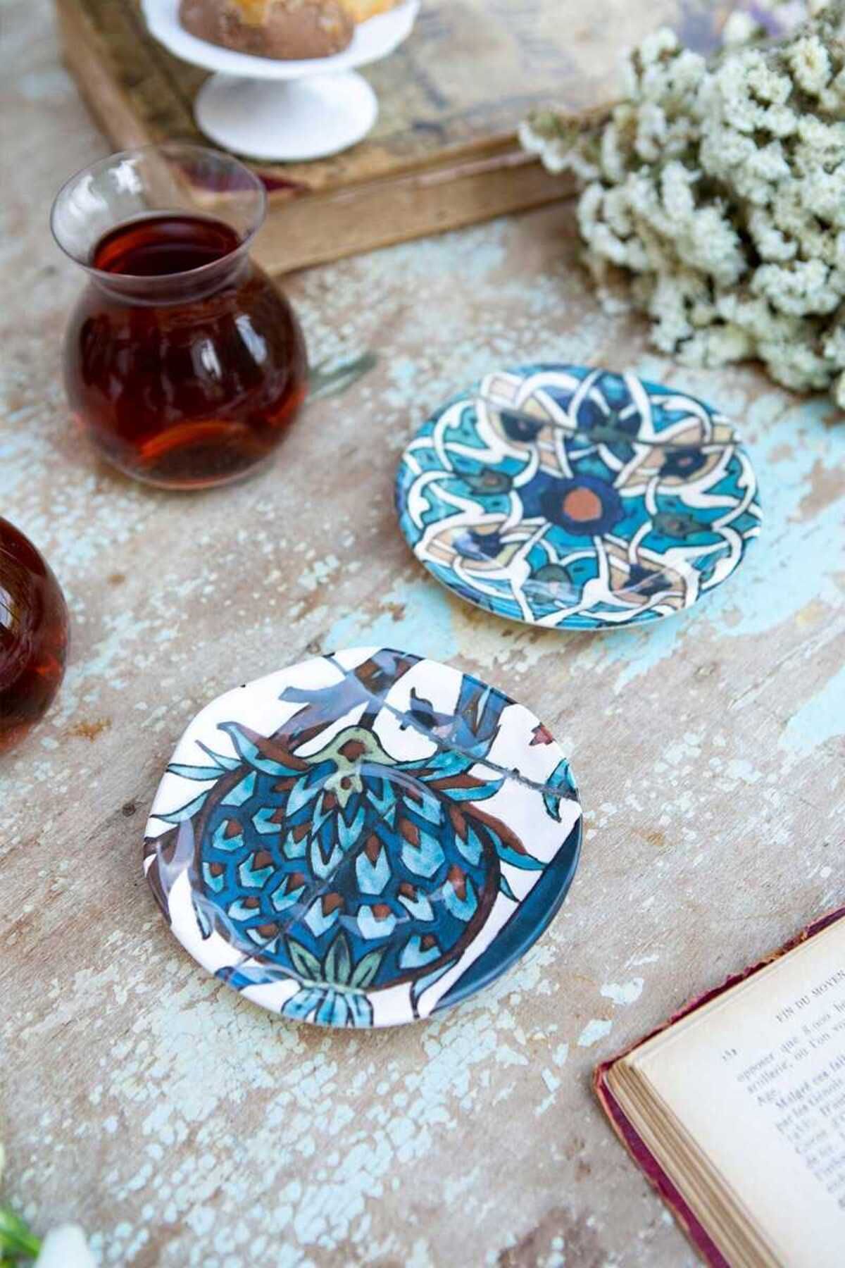 Refikadan Sade Çini 2li Çay Tabağı Seti – Natüralist Çini Desenli