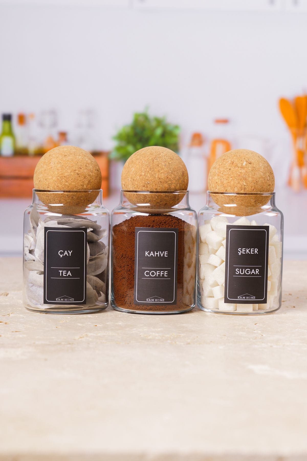 KRM HOME 3 Adet 800 ml Çay, Kahve Ve Şeker Cam Kavanoz Seti - Top Mantar Kapaklı Siyah Etiketli