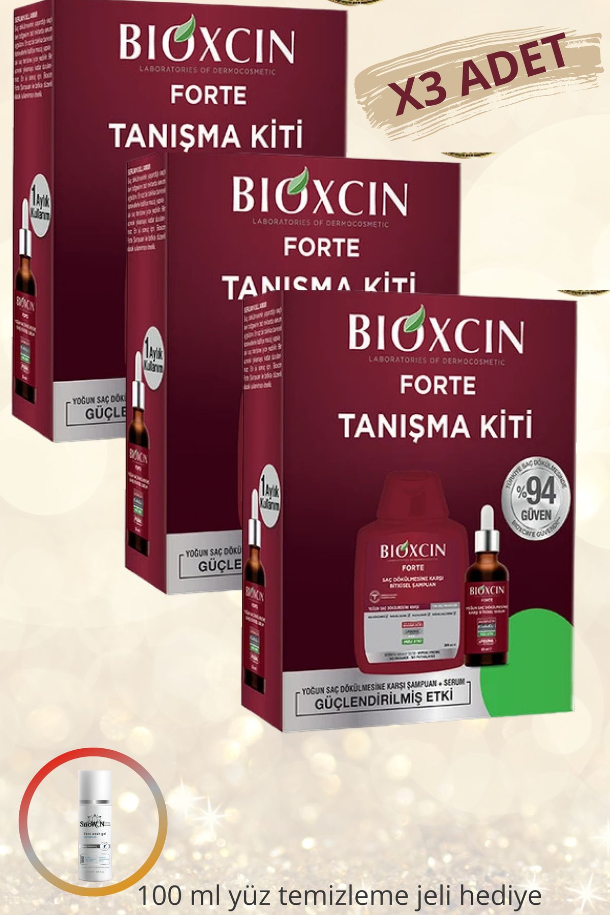 Bioxcin Forte Tanışma Paketi Şampuan 300 ml + Forte Saç Serumu 50 ml (x3 Adet) + 100 ML YÜZ TEMİZLEME JELİ