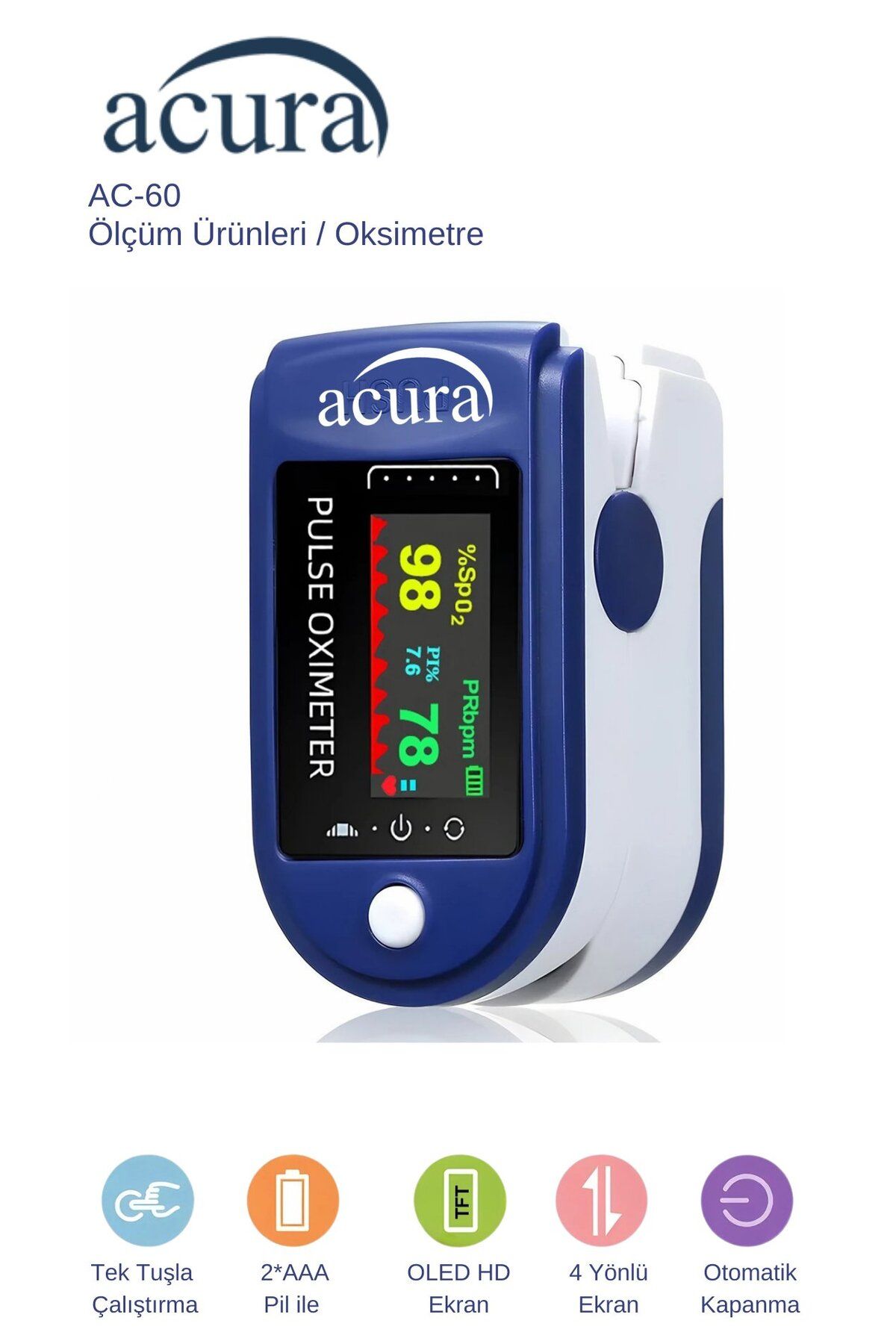 Acura AC-60 Oksimetre OLED Ekranlı Nabız ve Oksijen Ölçer