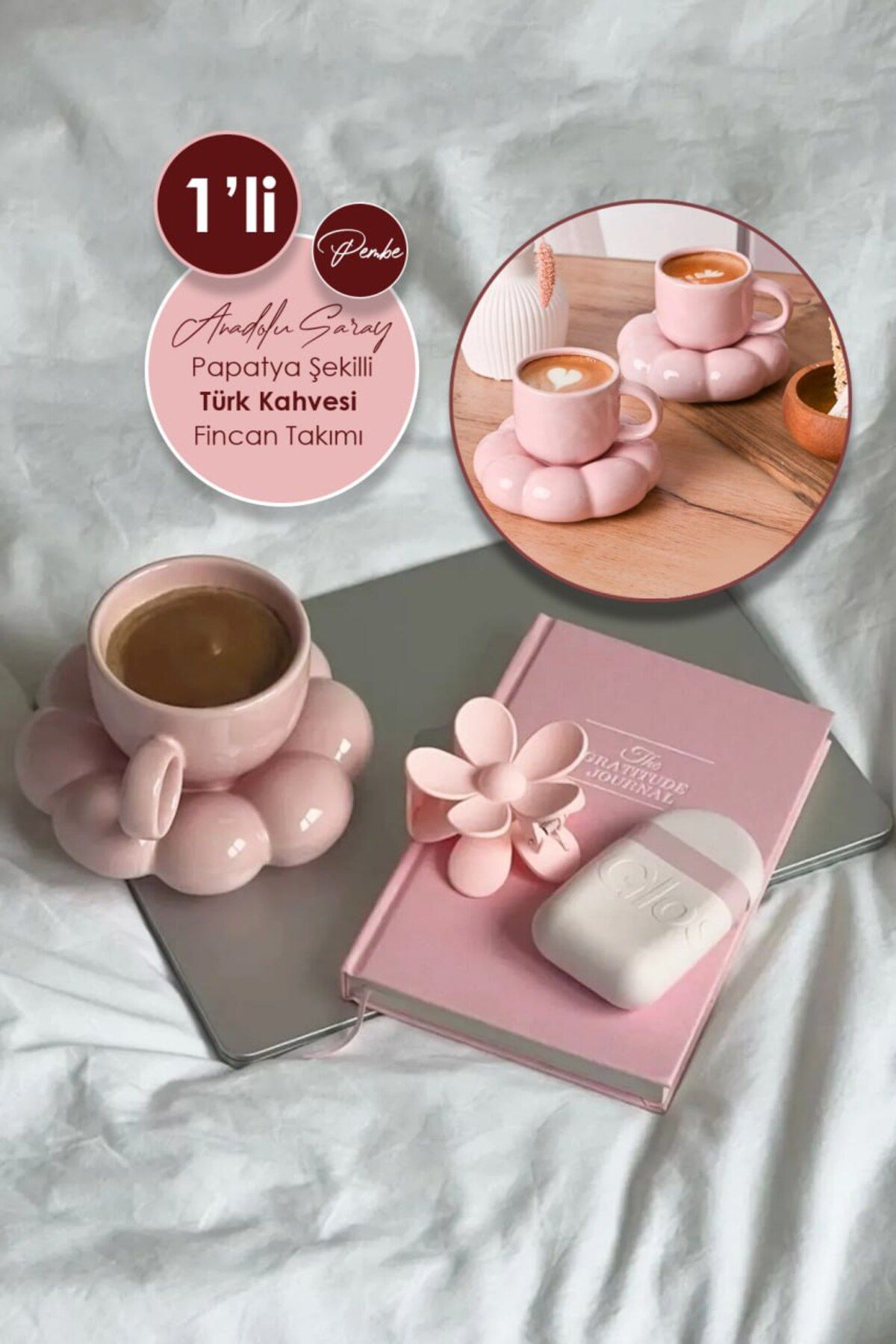 Anadolu Saray 1 Adet El Yapımı Seramik Pembe Papatya Model  Handmade Türk Kahvesi Fincan Seti 90ml