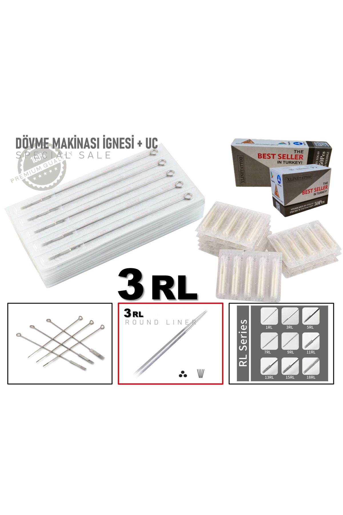 XLINETATTOO 50 ADET 3RL DÖVME İĞNESİ ve UCU - DÖVME MAKİNASI İĞNESİ + UC - 3RL