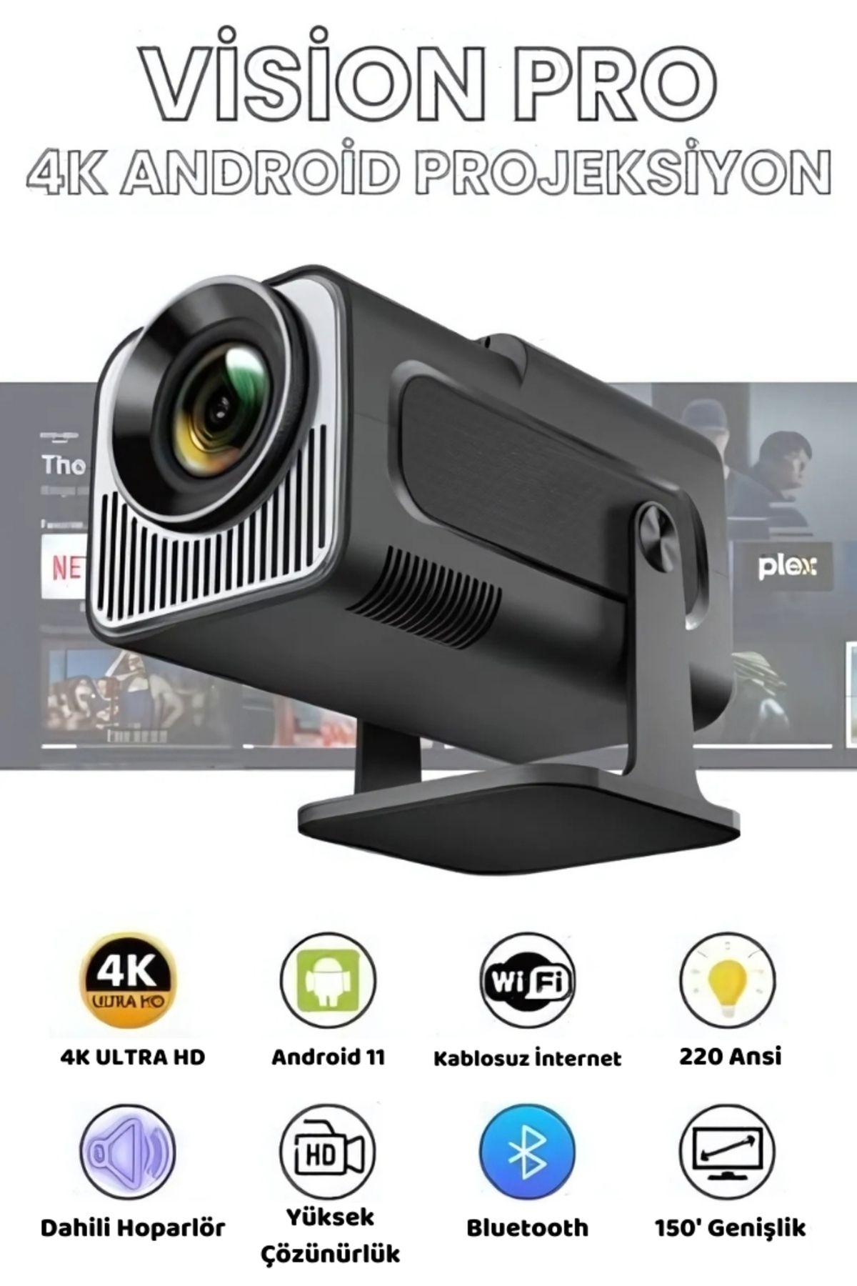 Fırsat7 Taşınabilir Sinema Dizi Film Projeksiyon 1080P/2K/4K Ev Sineması Dahili Android 11, WiFi & Bluetooth