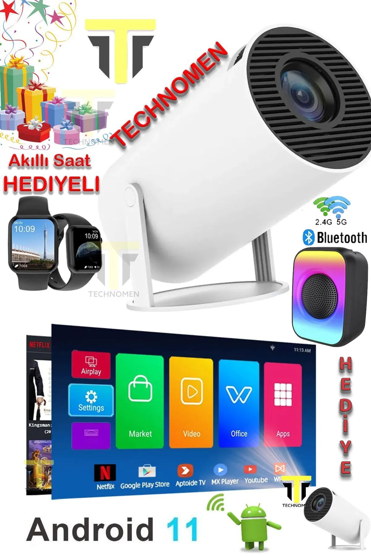 TECHNOMEN Taşınabilir Sinema Projektörü 1280 * 720P Ev Sineması Bluetooth Android 11 Akıllı Projeksiyon Wifi