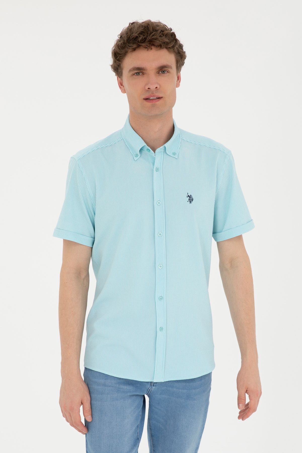 U.S. Polo Assn. Erkek Su Yeşili Çizgili Beyaz Kısa Kollu Gömlek 50288667-vr083