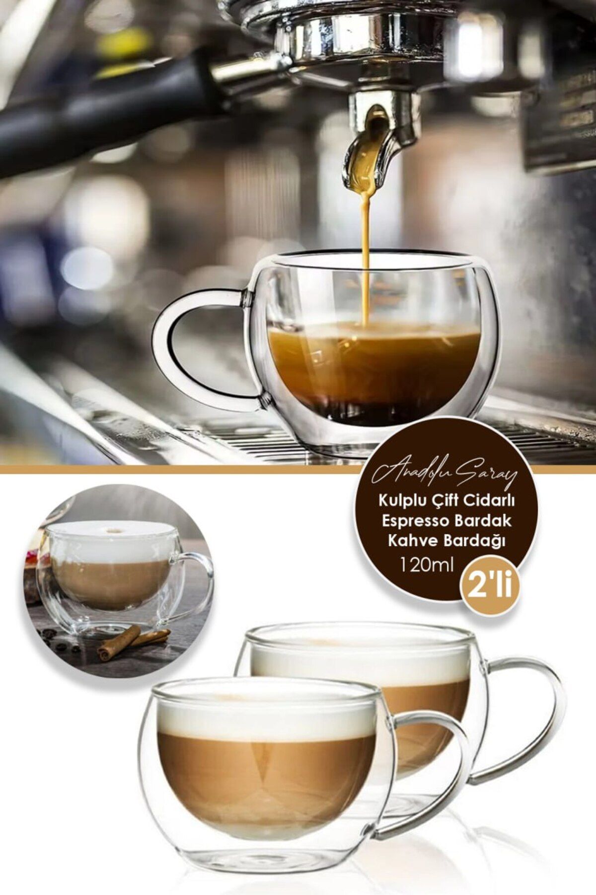 Anadolu Saray 2 ADET Isıya Dayanıklı Borosilikat Kulplu Çift Çidarlı 120ml Bardak Espresso Kahve Ve Sunum Bardağı