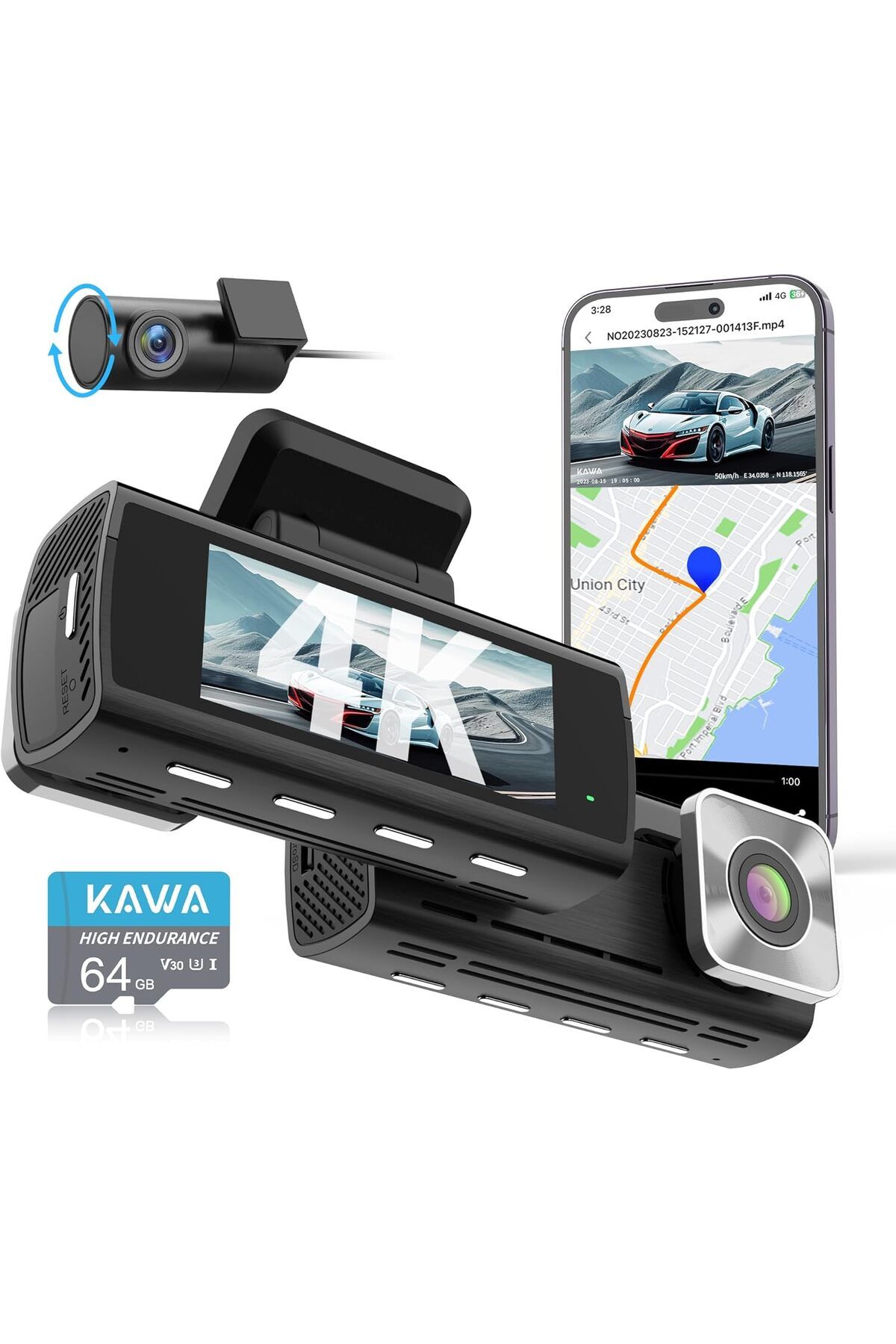 Kawa D10 4K Dash Kamera, Ön & Arka, WiFi, GPS, AI-ISP Gece Görüşü, Hareket Algılama