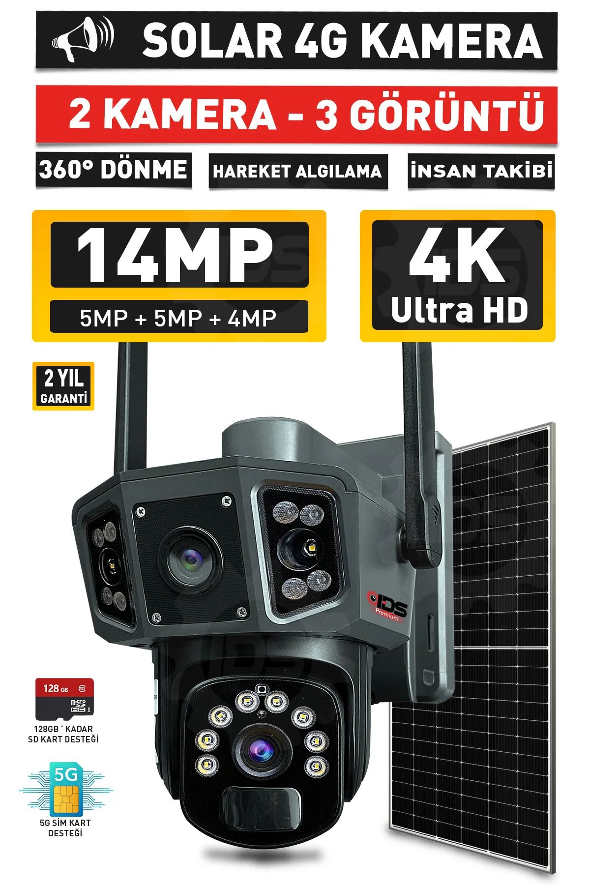 IDS -14MP - GECE GÖRÜŞLÜ - IŞIKLI - SOLAR KAMERA - GÜNEŞ EJERJİLİ KAMERA - 360 - GÜVENLİK KAMERASI