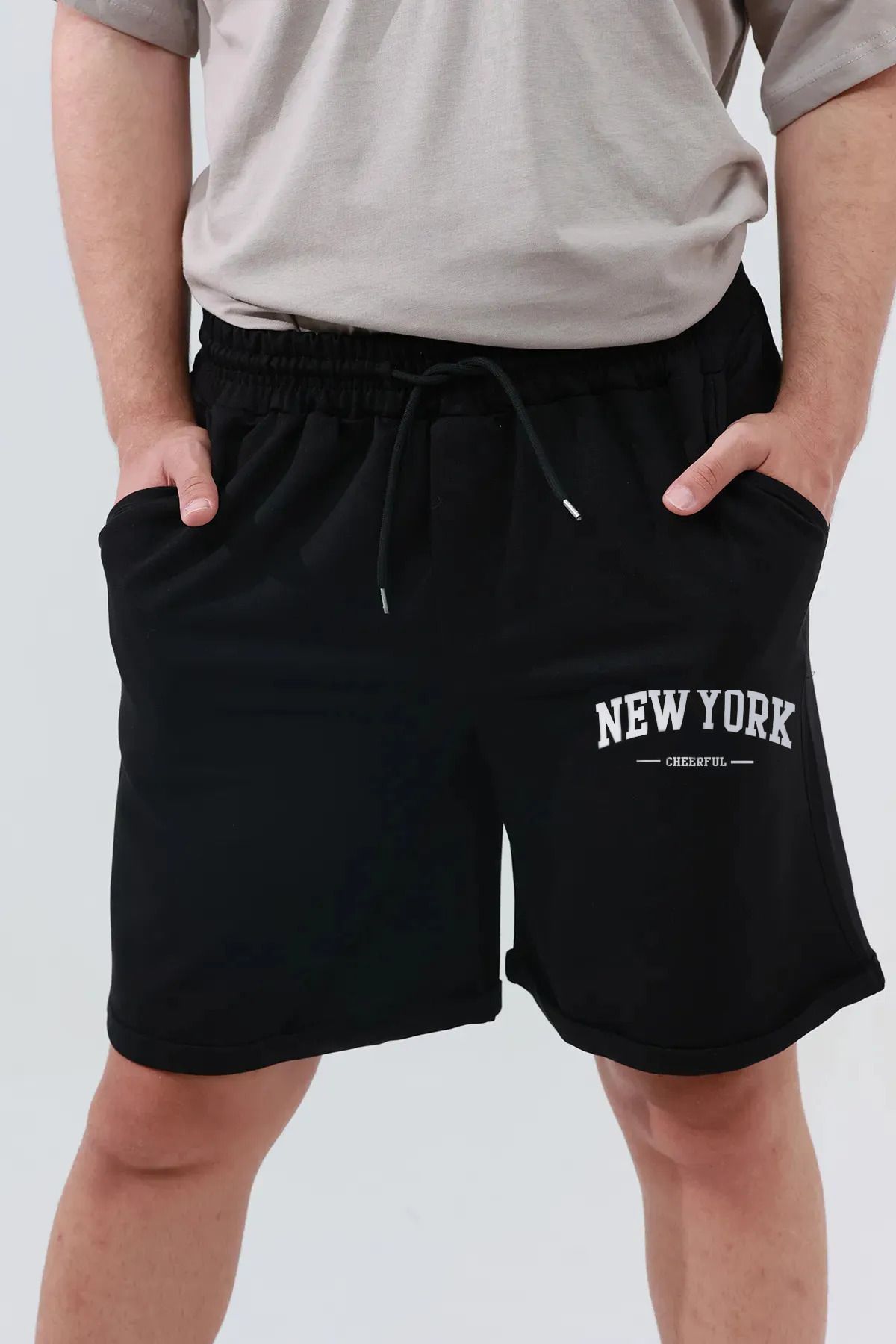 Modaflow Erkek Siyah NewYork Baskılı Polyester Şort - Spor ve Günlük Kullanım İçin