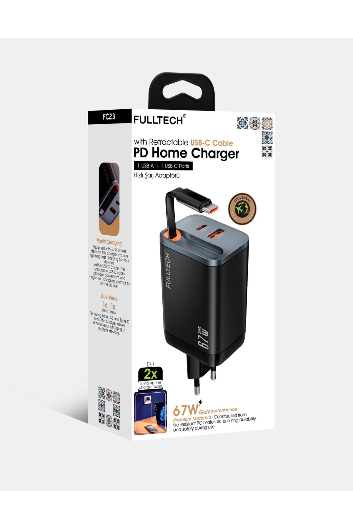 Fulltech 67W HIZLI ŞARJ PREMİUM KALİTE DAHİLİ  TYPE-C + USB-A ÇIKIŞ, MAKARA SİSTEMLİ DAHİLİ TYPE-C KABLOLU