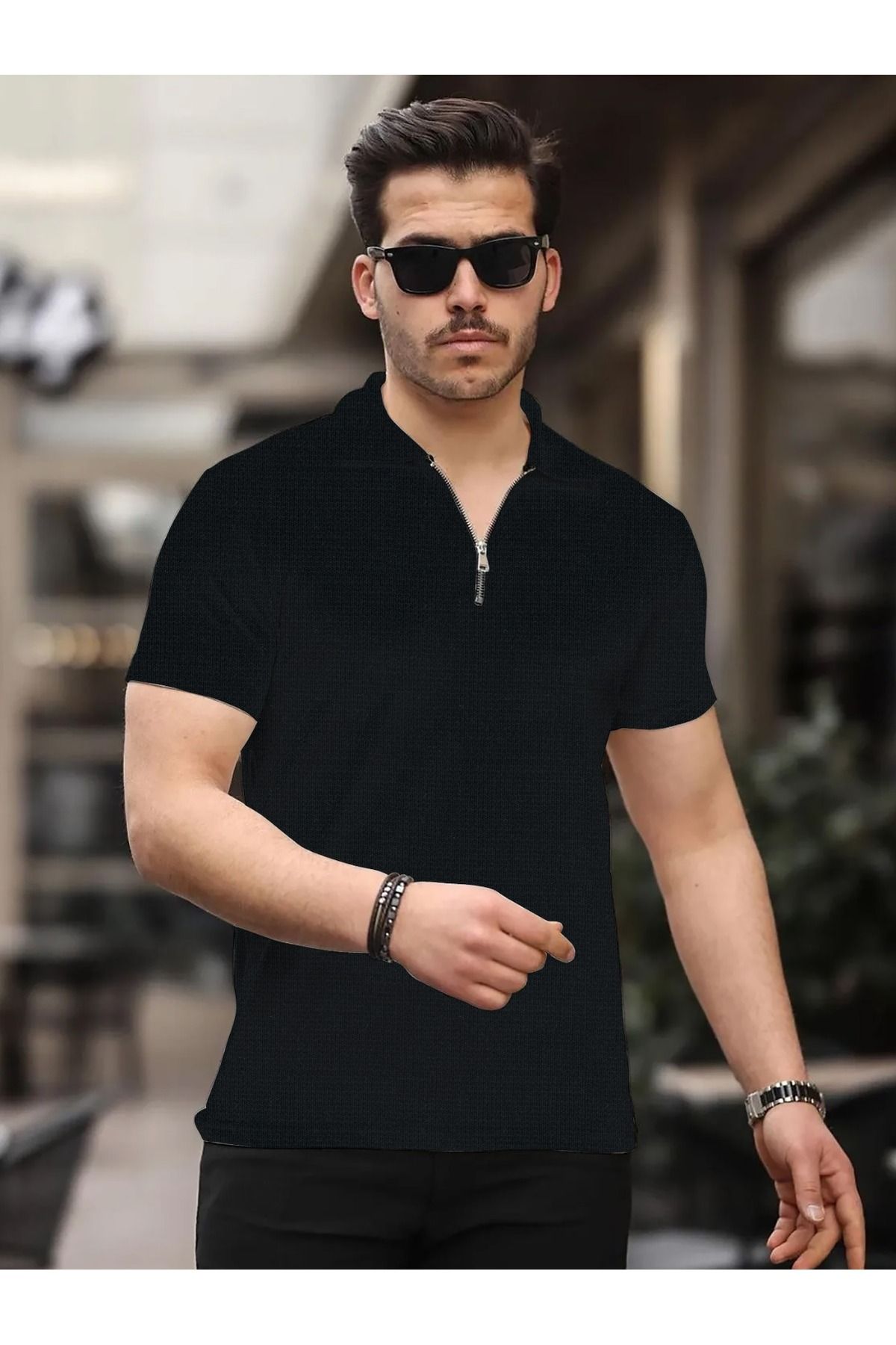 caddekombin David Erkek Fermuarlı Polo Yaka Pamuklu Kumaş Siyah  Kısa Kollu T-shirt