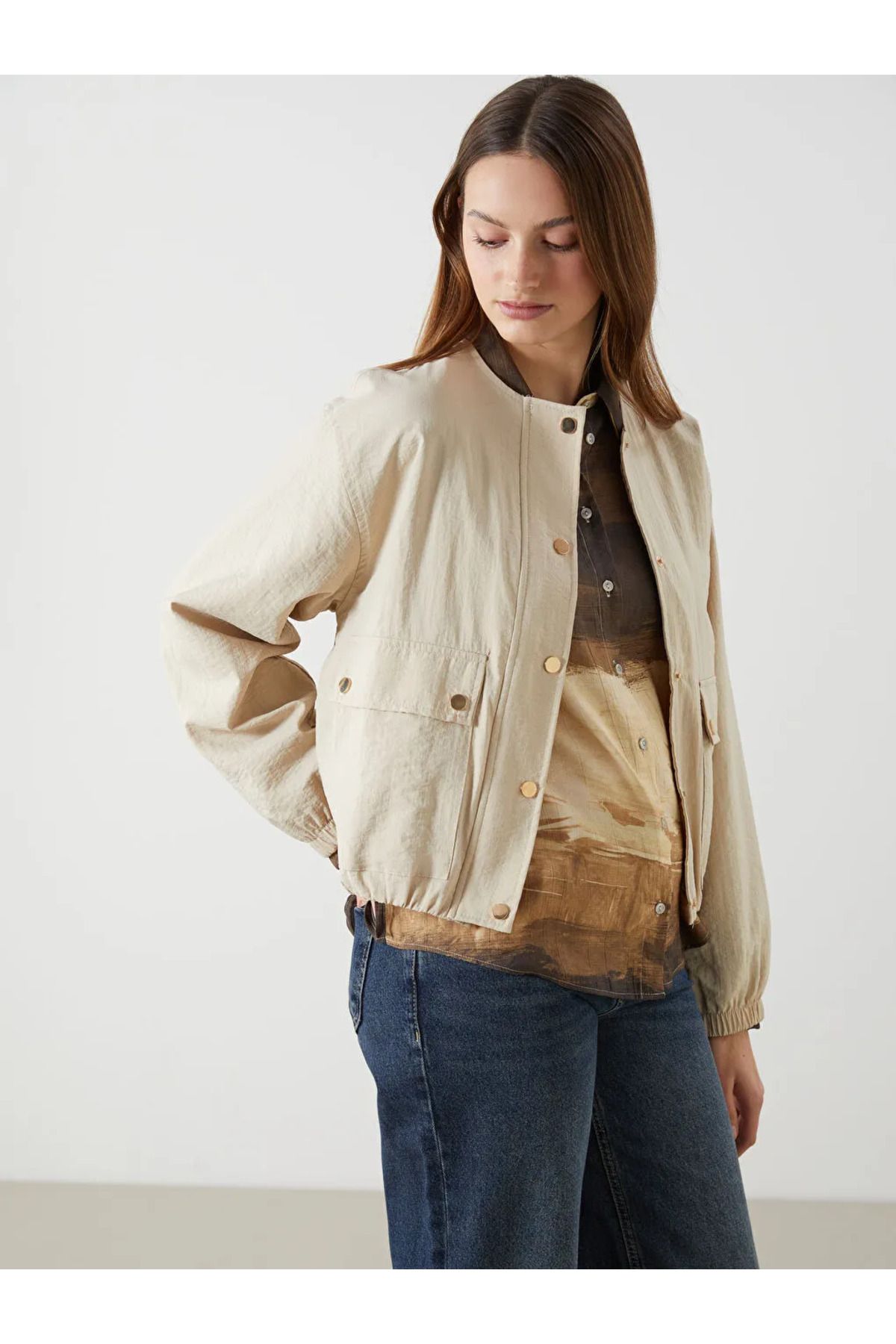 LC Waikiki LCW Vision Bej Bisiklet Yaka Oversize Kadın Bomber Ceket