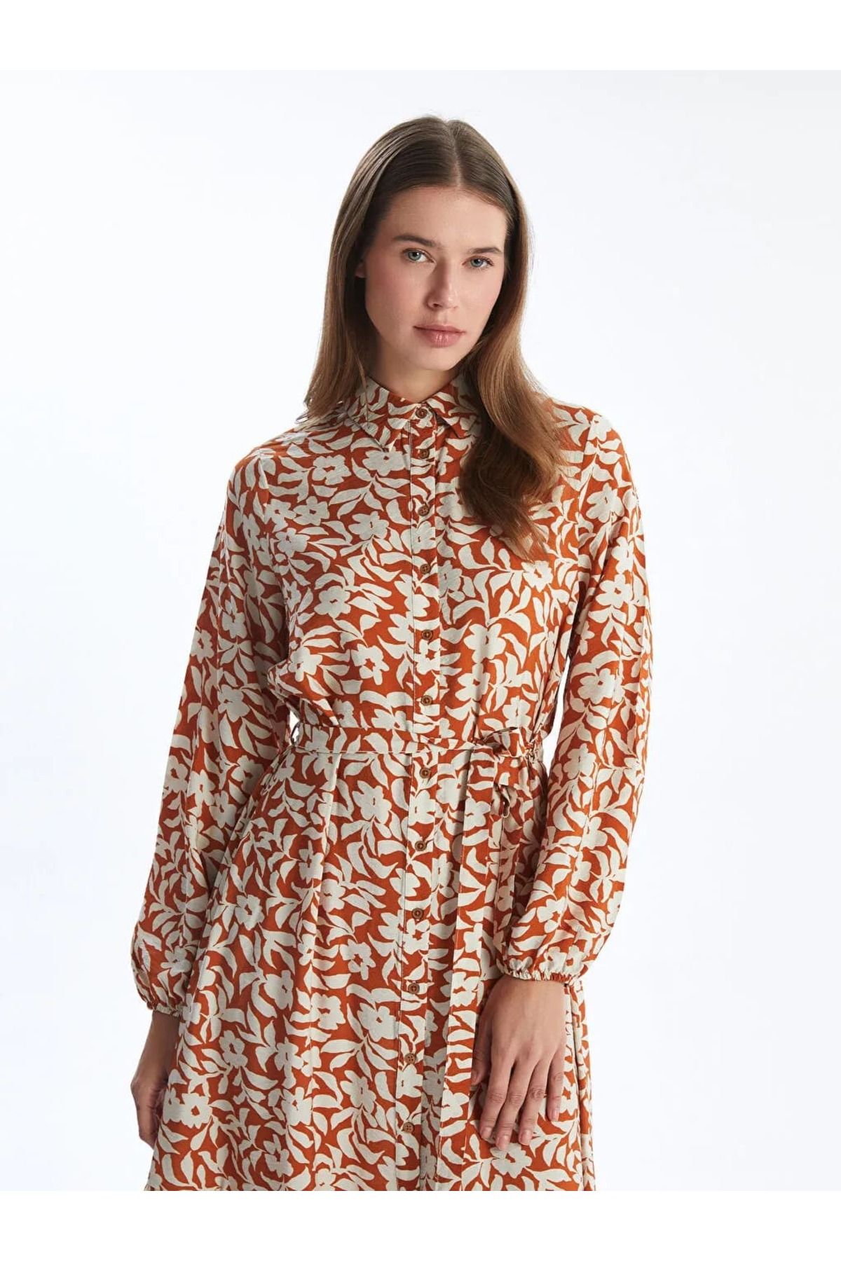 LC Waikiki LCW Modest Ekru Çiçekli Kadın Gömlek Elbise