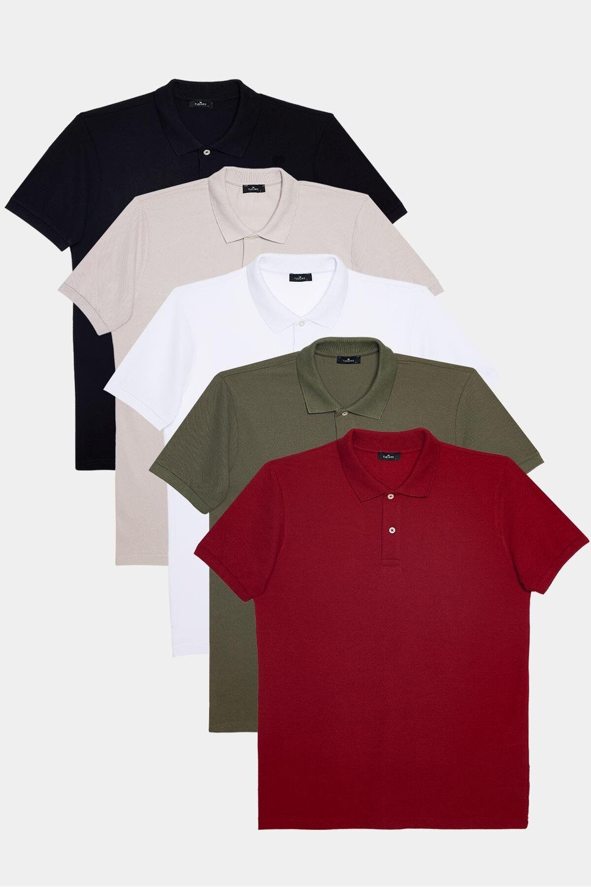 Tudors Erkek 5'li Paket Siyah-Gri-Beyaz-Haki-Bordo Slim Fit Dar Kesim Pamuklu Düz Pike Polo Yaka Tişört