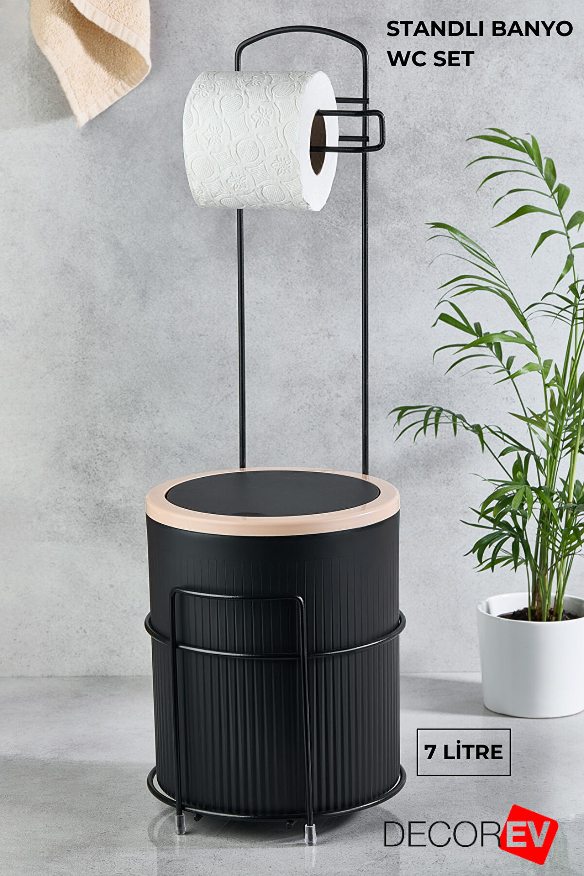 Decorev Lüks Banyo Seti Metal Standlı Çöp Kova ve Kağıtlık