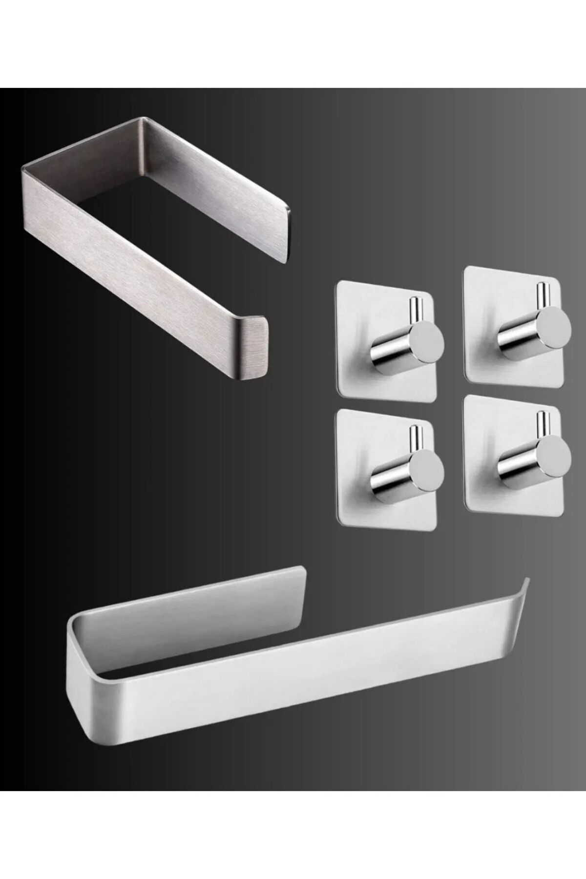 DELTAHOME Paslanmaz Çelik Yapışkanlı Havluluk - Tuvalet Kağıtlığı - 4 Adet Askılık SET INOX