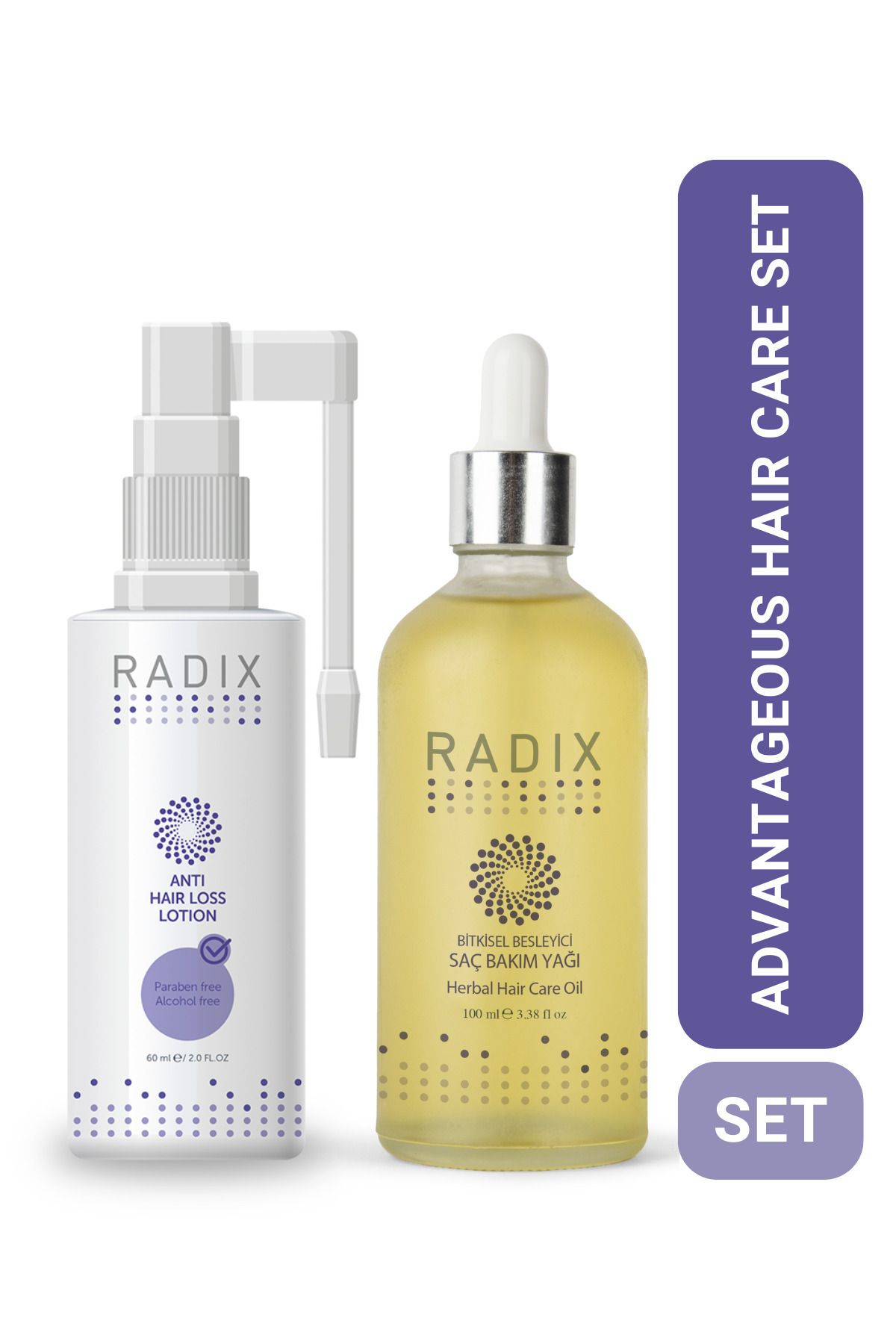 Radix İkili Saç Bakım Seti - Dökülme Karşıtı Sprey & %100 Bitkisel Saç Bakım Yağı Kompleksi