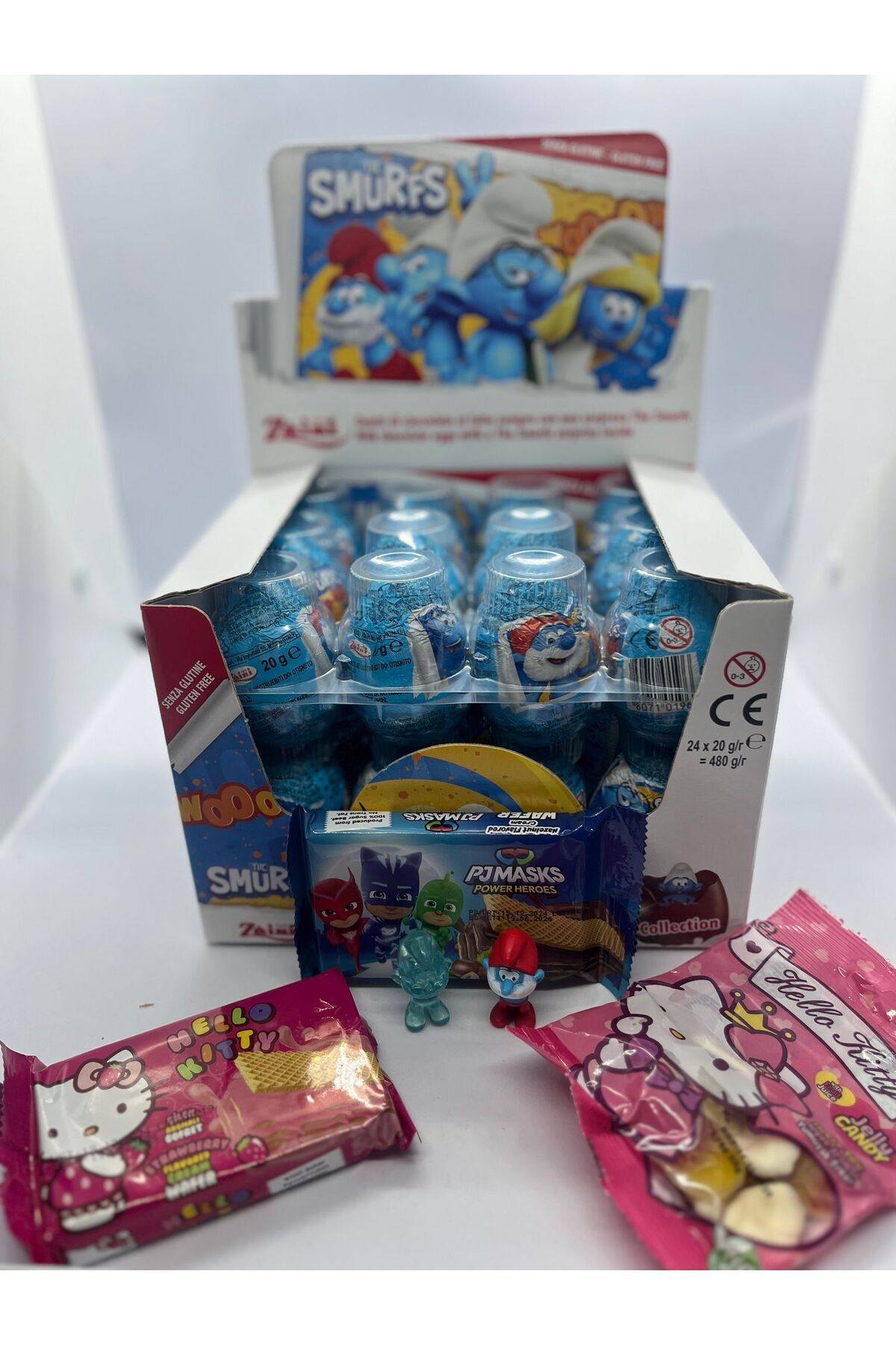 Zaini Smurfs Şirinler Glutensiz Çikolatalı Sürpriz Yumurta 12'li Hello Kitty Gofret ve Jelibon Hediyeli