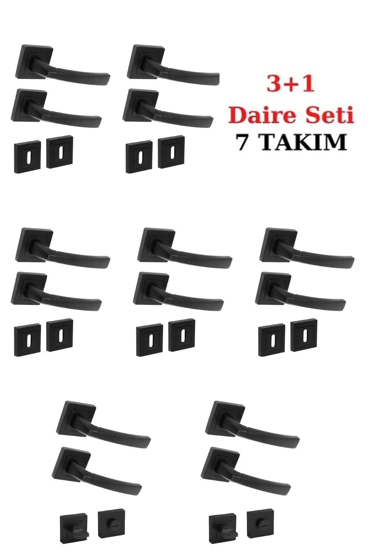 ALYAYAPI Siyah Kapı Kolu Planet Kare Rozetli 3 1 Daire Seti (7 TAKIM) Siyah / 5 Oda 2 Wc