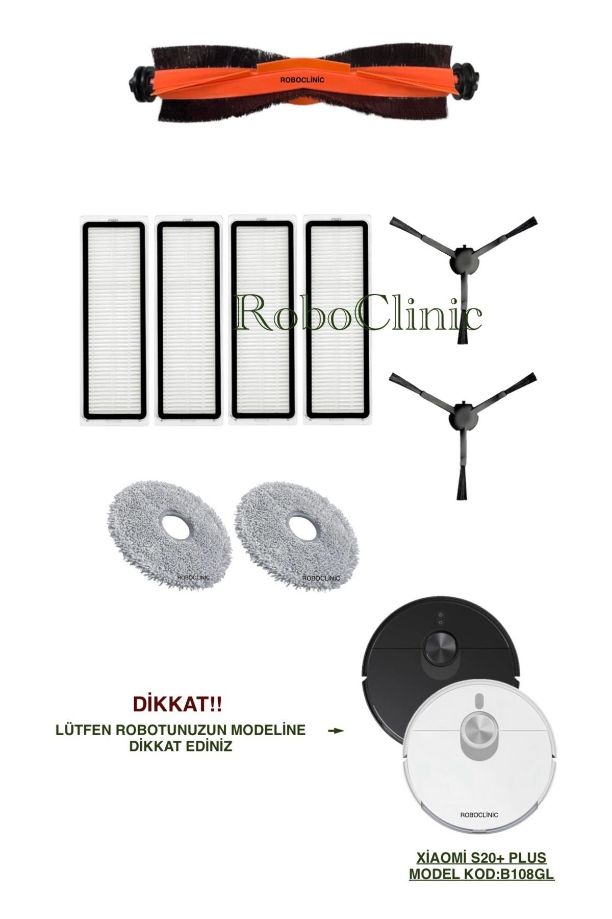 Roboclinic Xiaomi Robot Vacuum S20+/S20 Plus(Model Kod:B108GL) Uyumlu Fırça,Hepa Filtre,Moplu Set-9 Parça