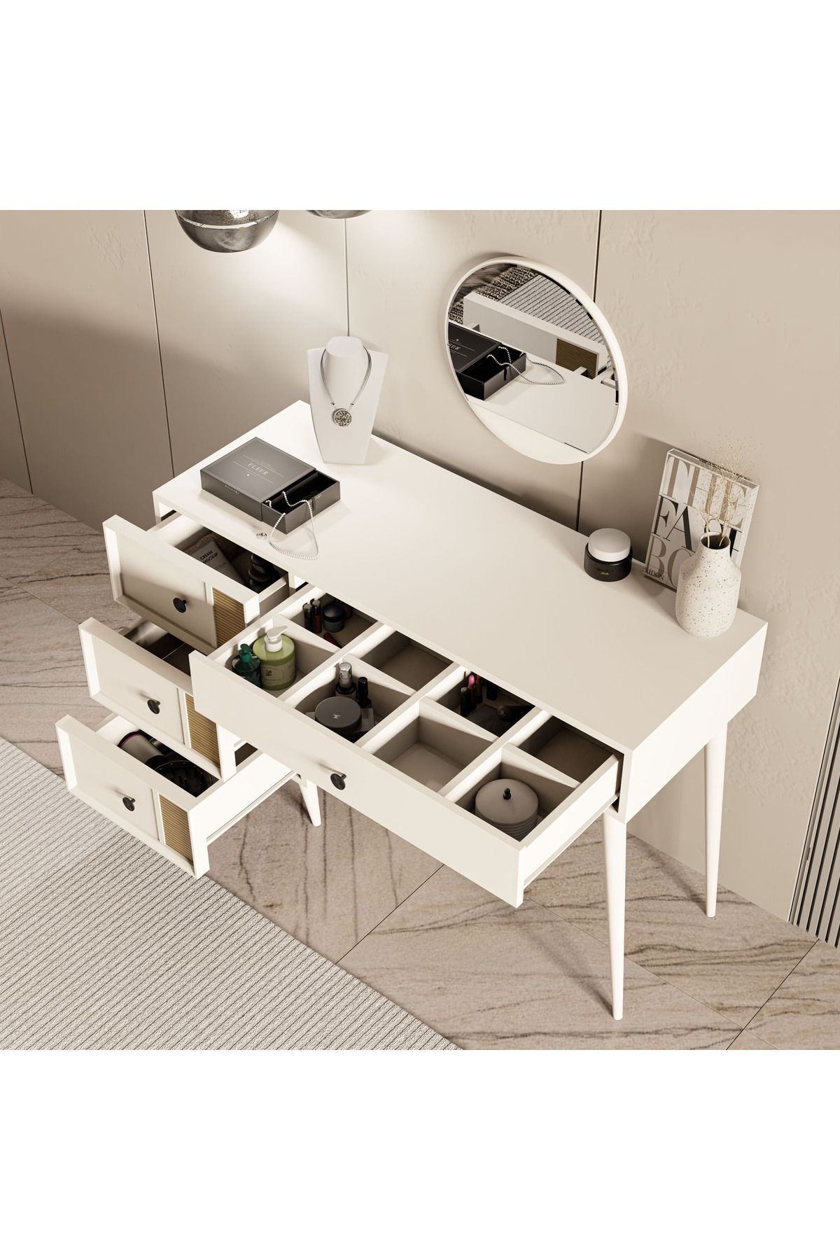 Mezza 2252 ROSE AYNALI (AHŞAP AYAKLI)MDF PROFİL ÇERÇEVELİ 4 ÇEKMECELİ 120 CM MAKYAJ MASASI BEYAZ-YUNUS