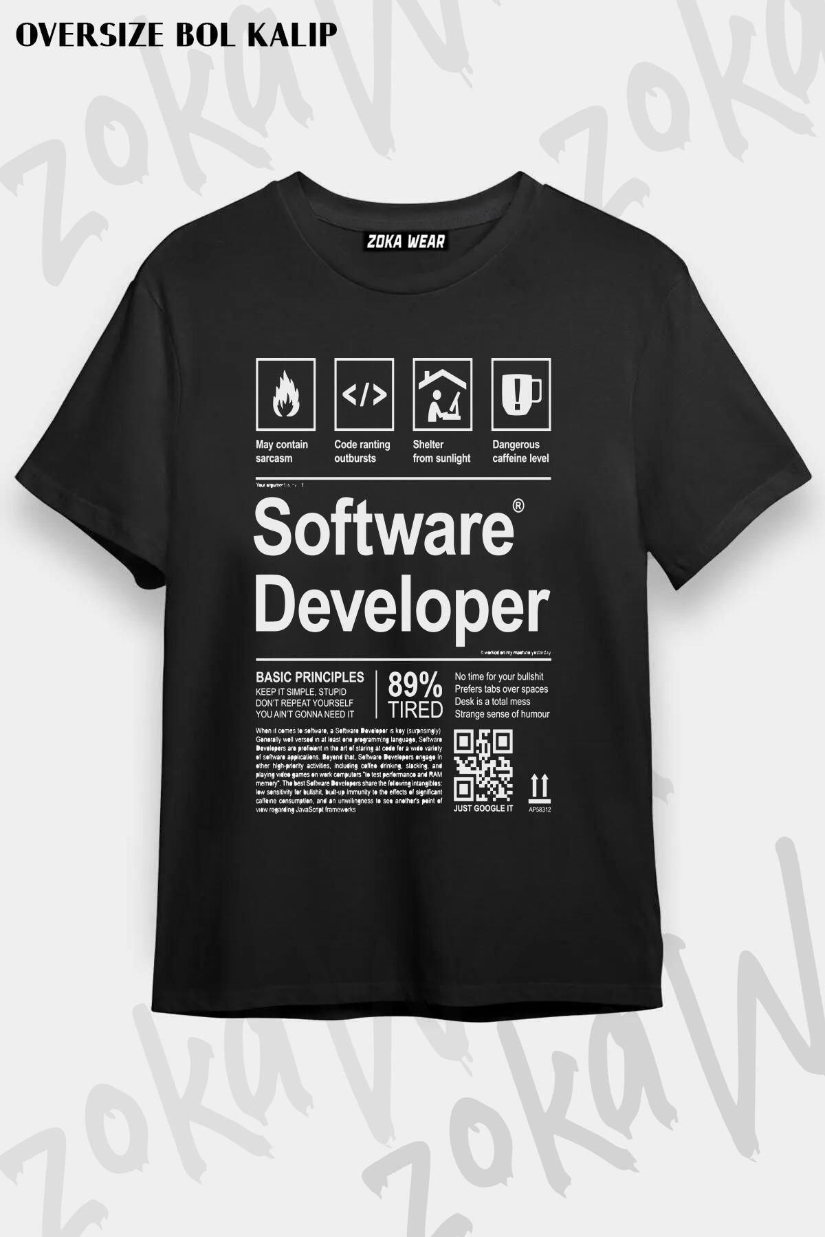 ZOKAWEAR Unisex Oversize Kalıp SOFTWARE DEVELOPER LABEL Tasarım Baskılı Tshirt
