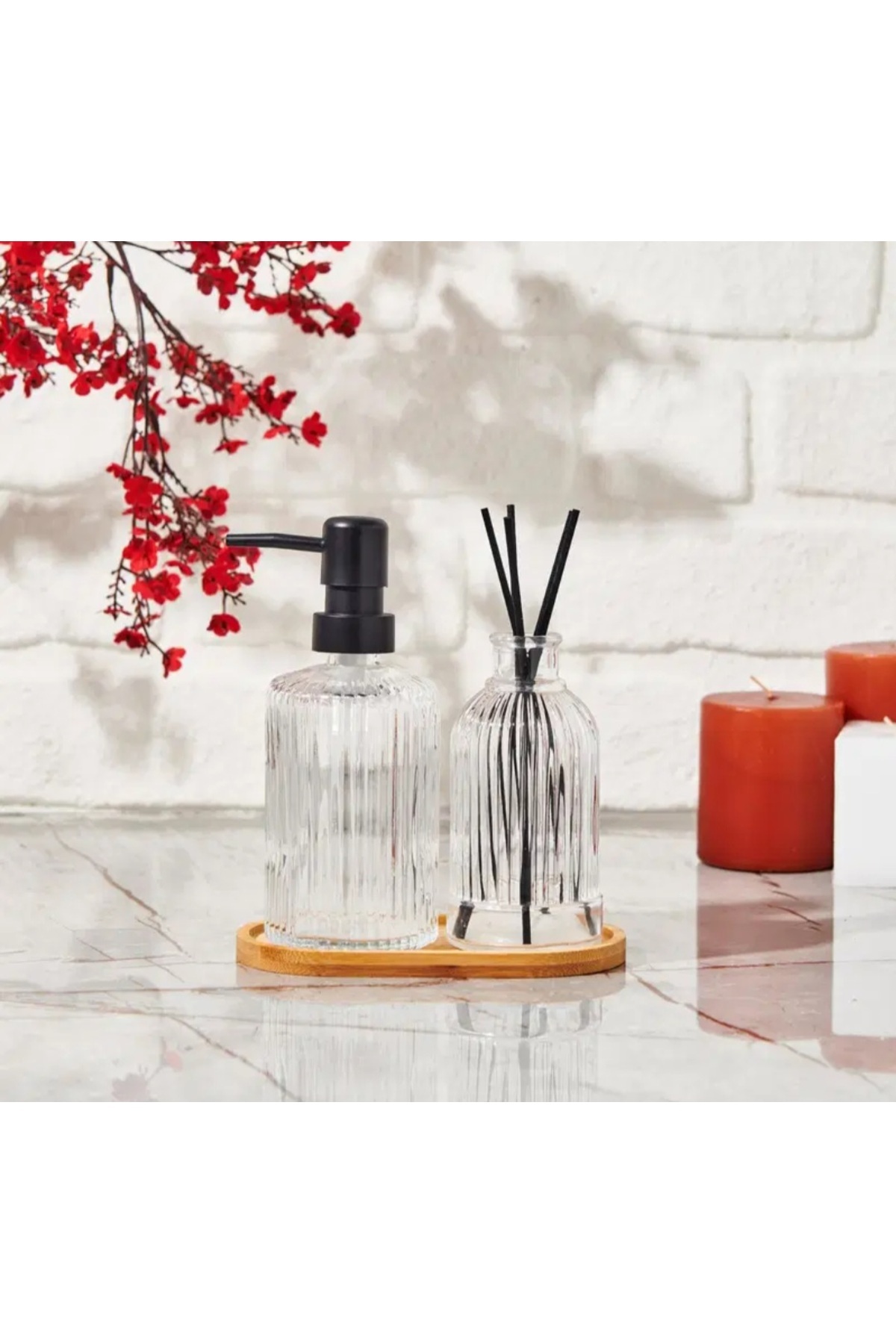 NERİVA HOME Bambu Altlıklı Cam Sıvı Sabunluk ve Tütsülük Seti