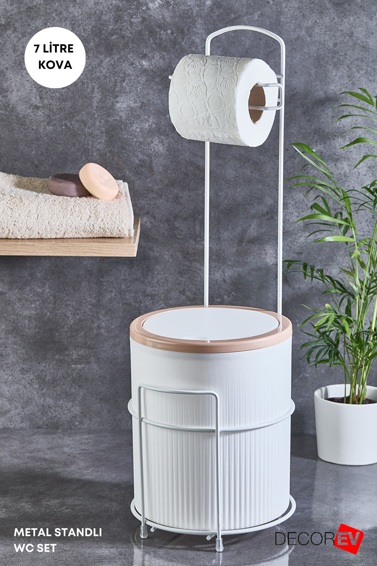 Decorev 7 Litre Banyo Mutfak Çöp Kovası Metal Standlı Tuvalet Wc Kağıtlık Seti