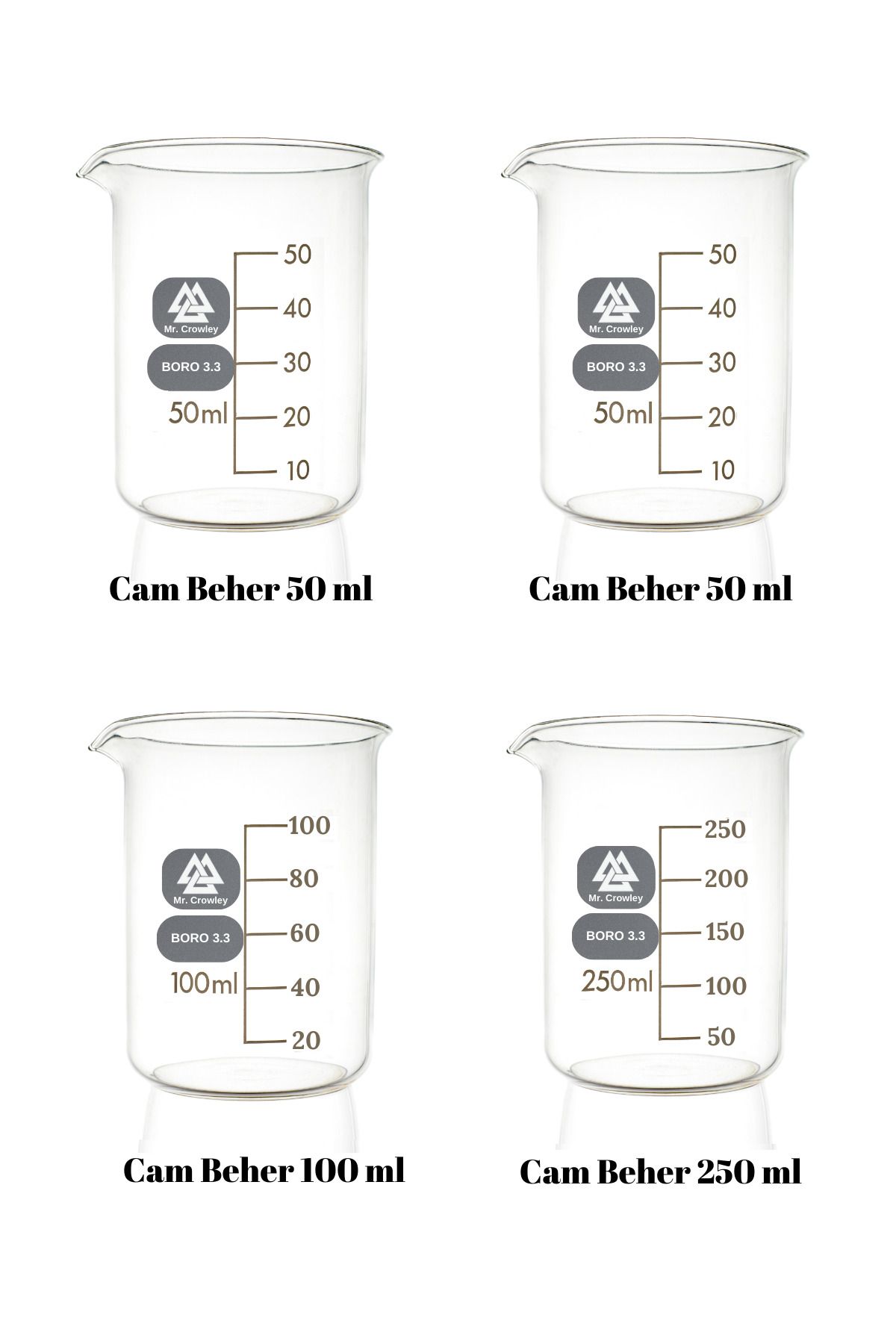 Mr. Crowley Cam Beher 2 adet 50 ml, 1 adet 100 ml ve 1 adet 250 ml Set 4 Parça Isıya Dayanıklı