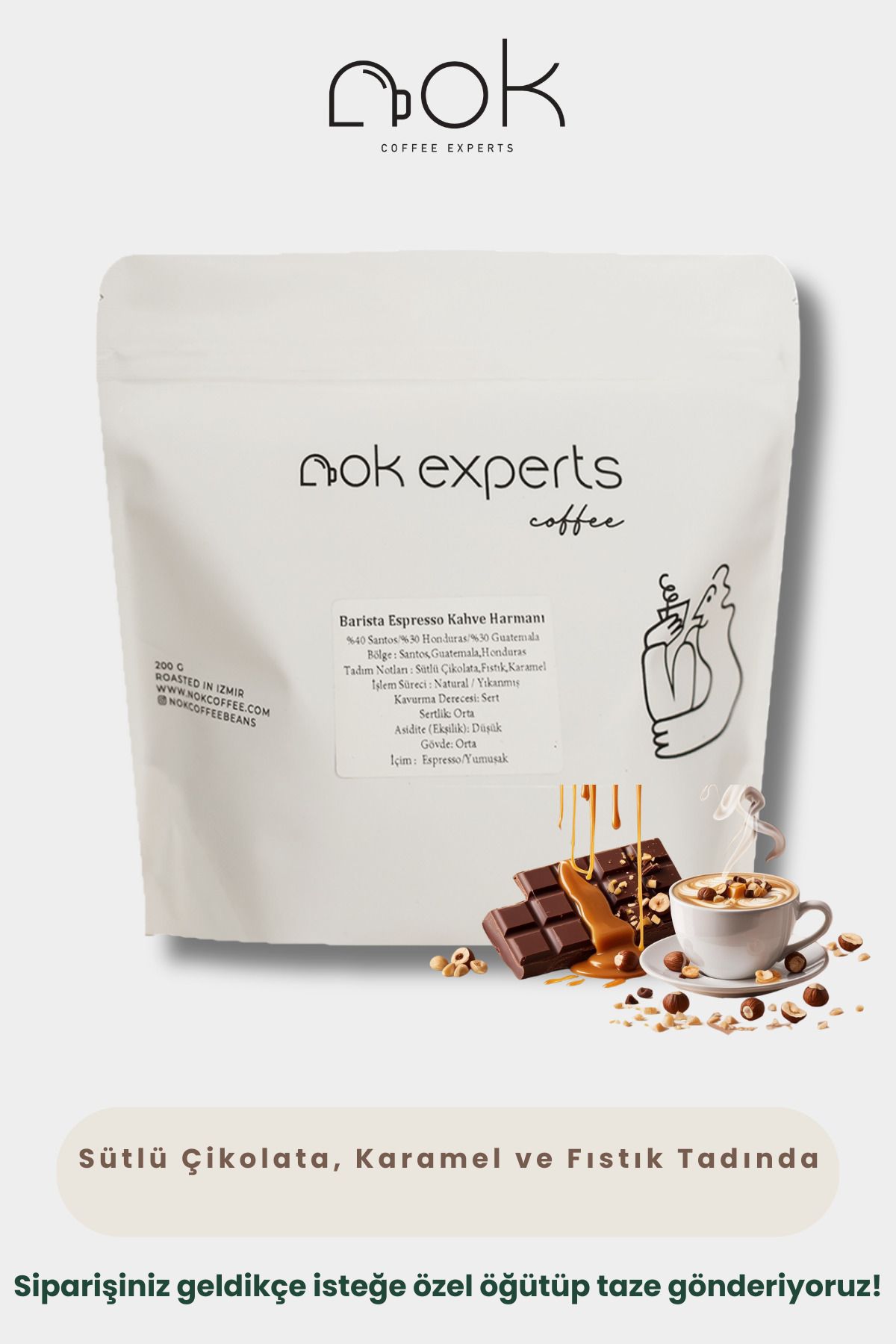 NOK Coffee Experts Barista Espresso Kahve Harmanı | Taze Kavrulmuş -çikolata, Fıstık, Karamel Aromalı Arabica 200gr V60