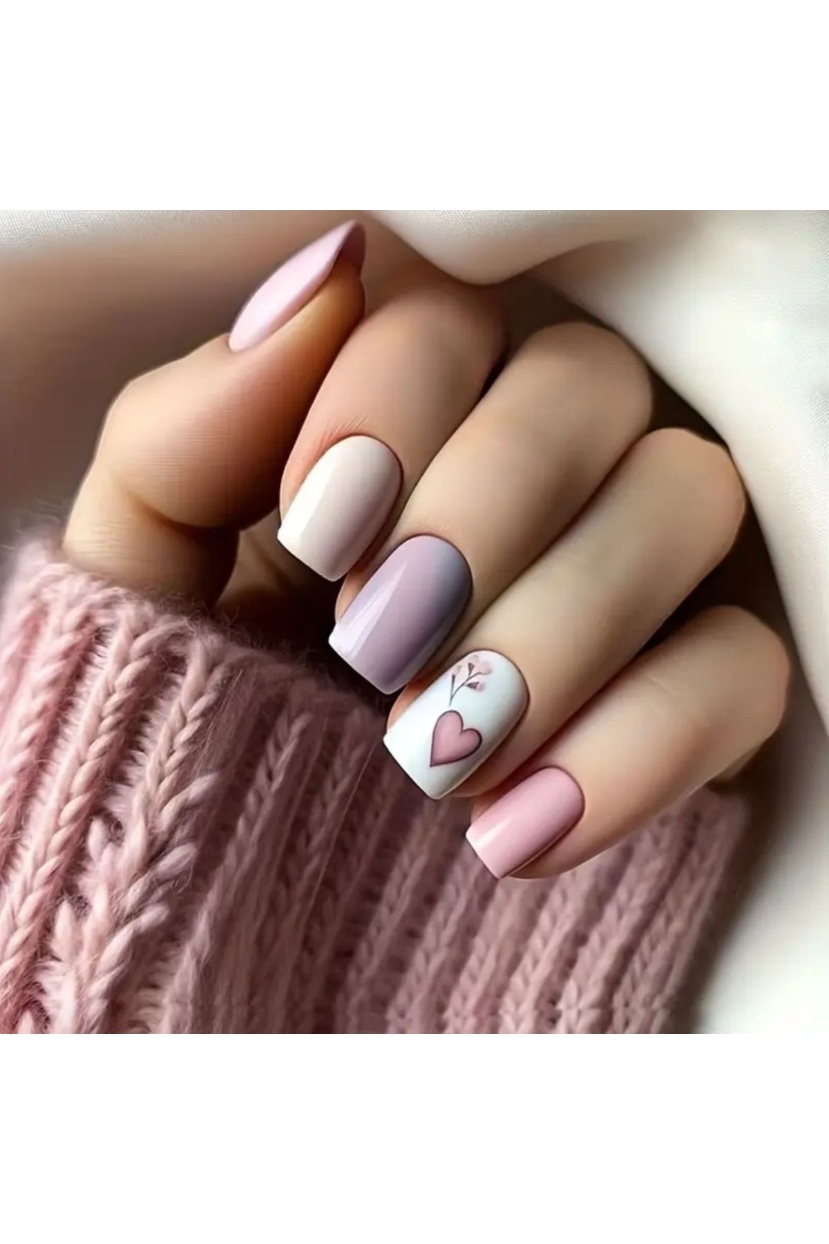Manicure Kadınadairr 24'lü Kalp Desenli Soft Renklerde Takma Tırnak Seti