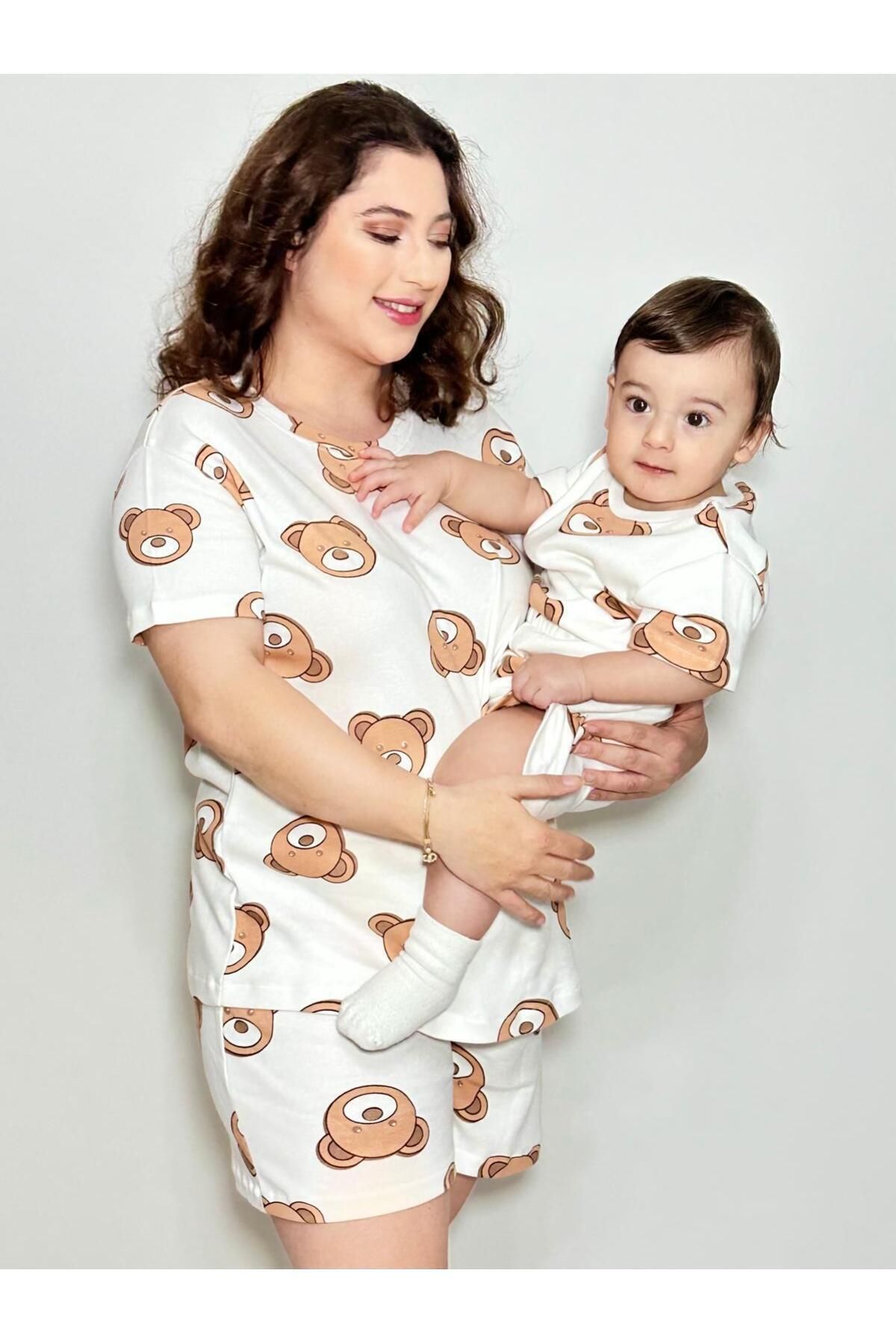 Drop Kids ANNE ÇOCUK KOMBİN PİJAMA TAKIMI EKOSE A.KAHVE AYICIK DESEN KISAKOL ŞORT (TEK TEK SATILMAKTADIR)