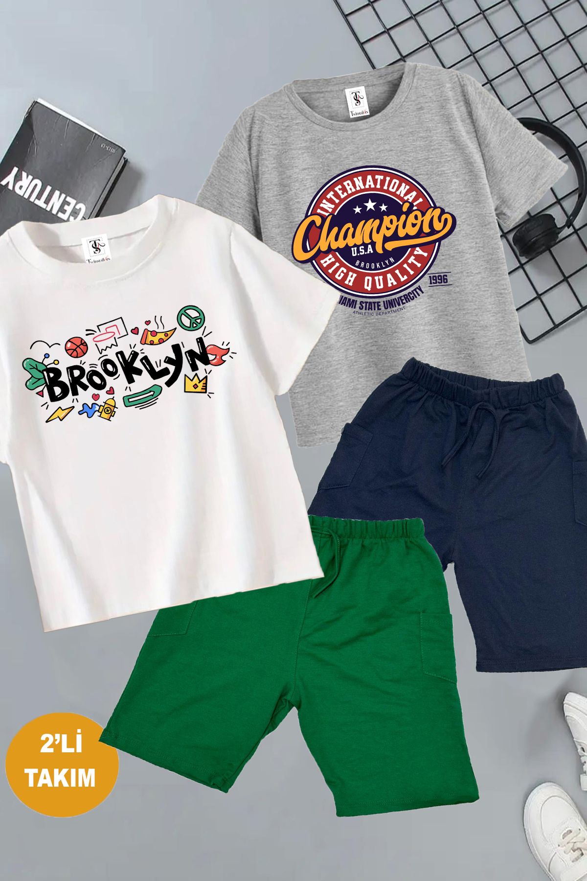 twins tailors Brooklyn Ve Champion Baskılı 2 Adet Yazlık T-Shirt-Şort Çocuk Takım