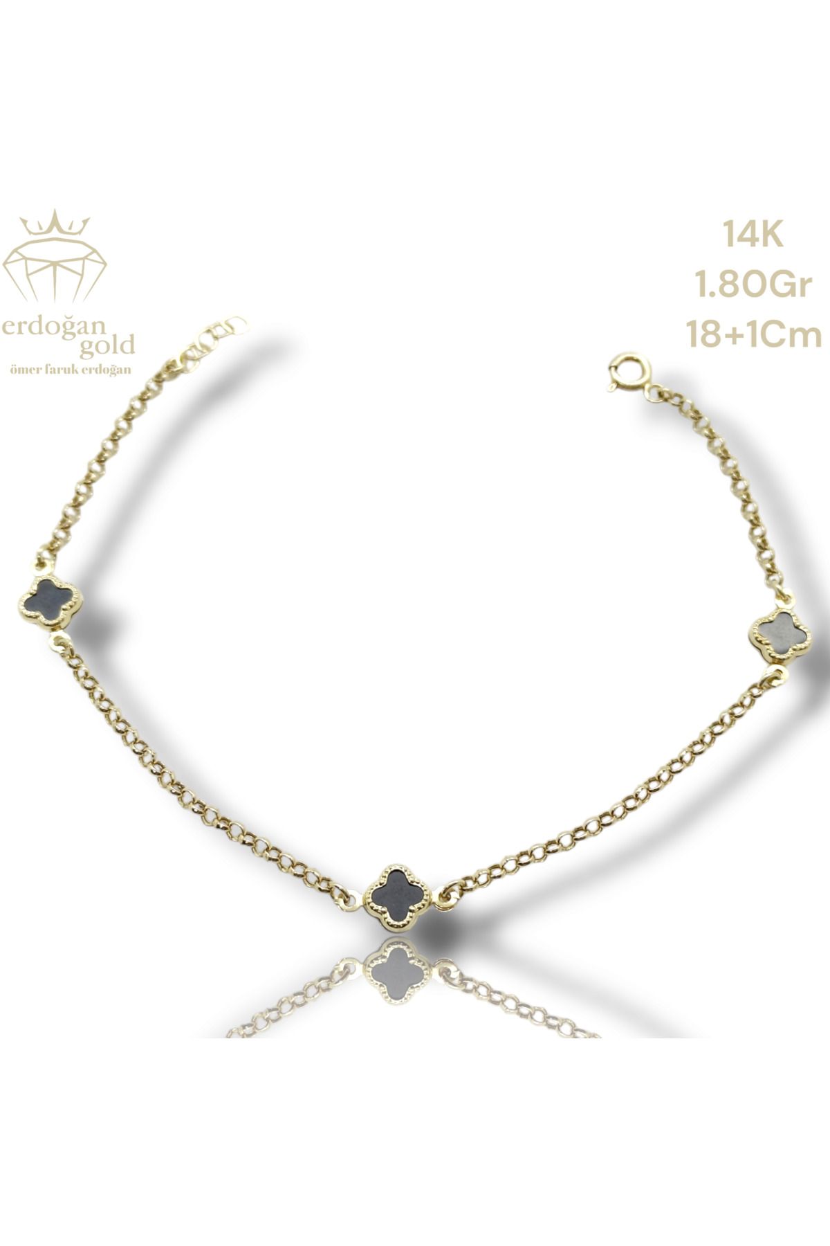 Altın Erdoğan Toptan Altın 14 Ayar 1.80 Gram 18+1 Cm Siyah Opal Taşlı Yonca Bileklik