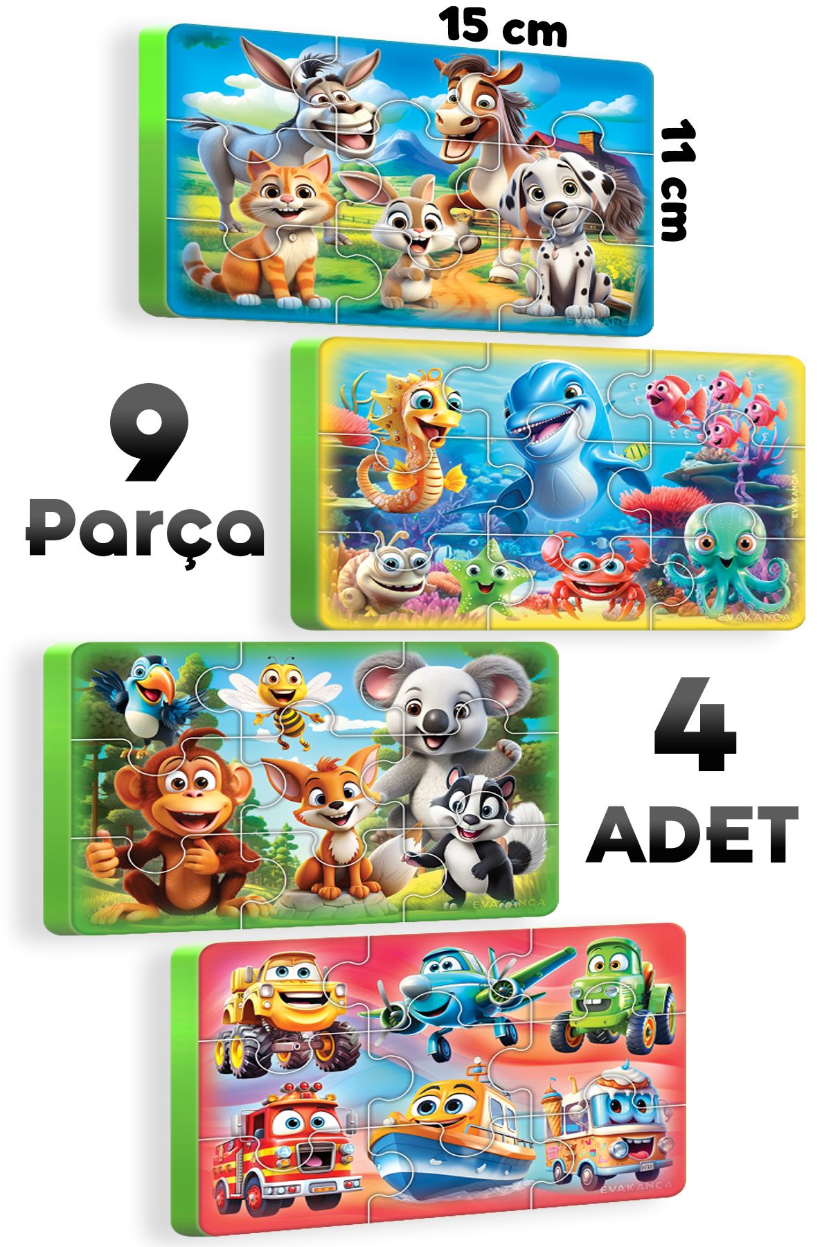 EVAKANCA 9 Parçalı 4 Adet Orman Çiftlik Deniz Hayvanları Taşıtlar Kalın Çocuk Puzzle Yapboz