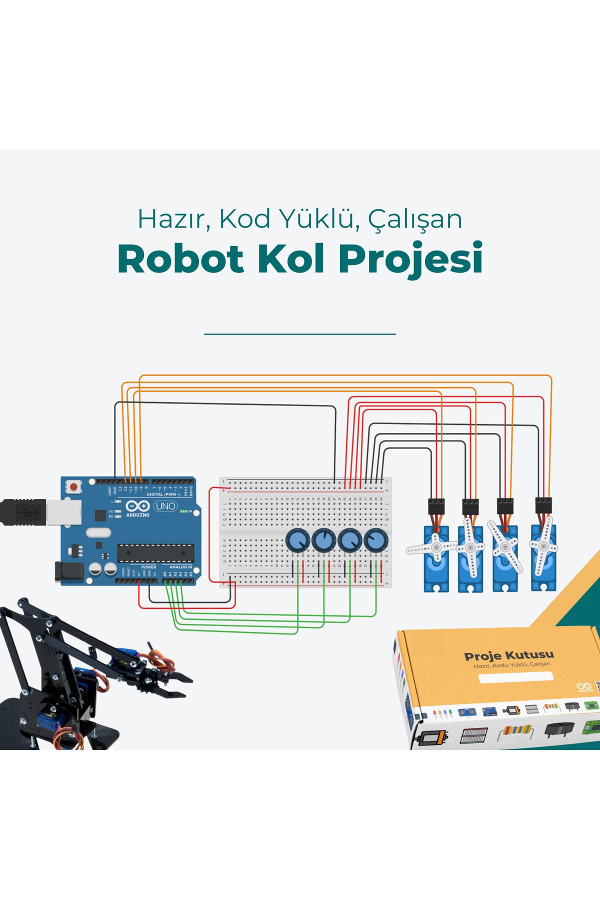 RoboThink Arduino Robot Kol Projesi - Hazır Kodlanmış Çalışan Proje Seti