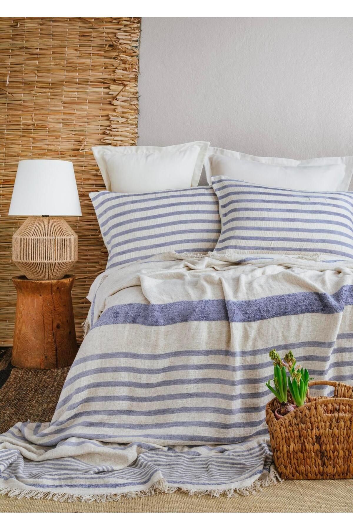 Apricitas HOME ÇİFT KİŞİLİK KETEN YATAK ÖRTÜSÜ SETİ BRULEE DENIM - YATAK ORTUSU