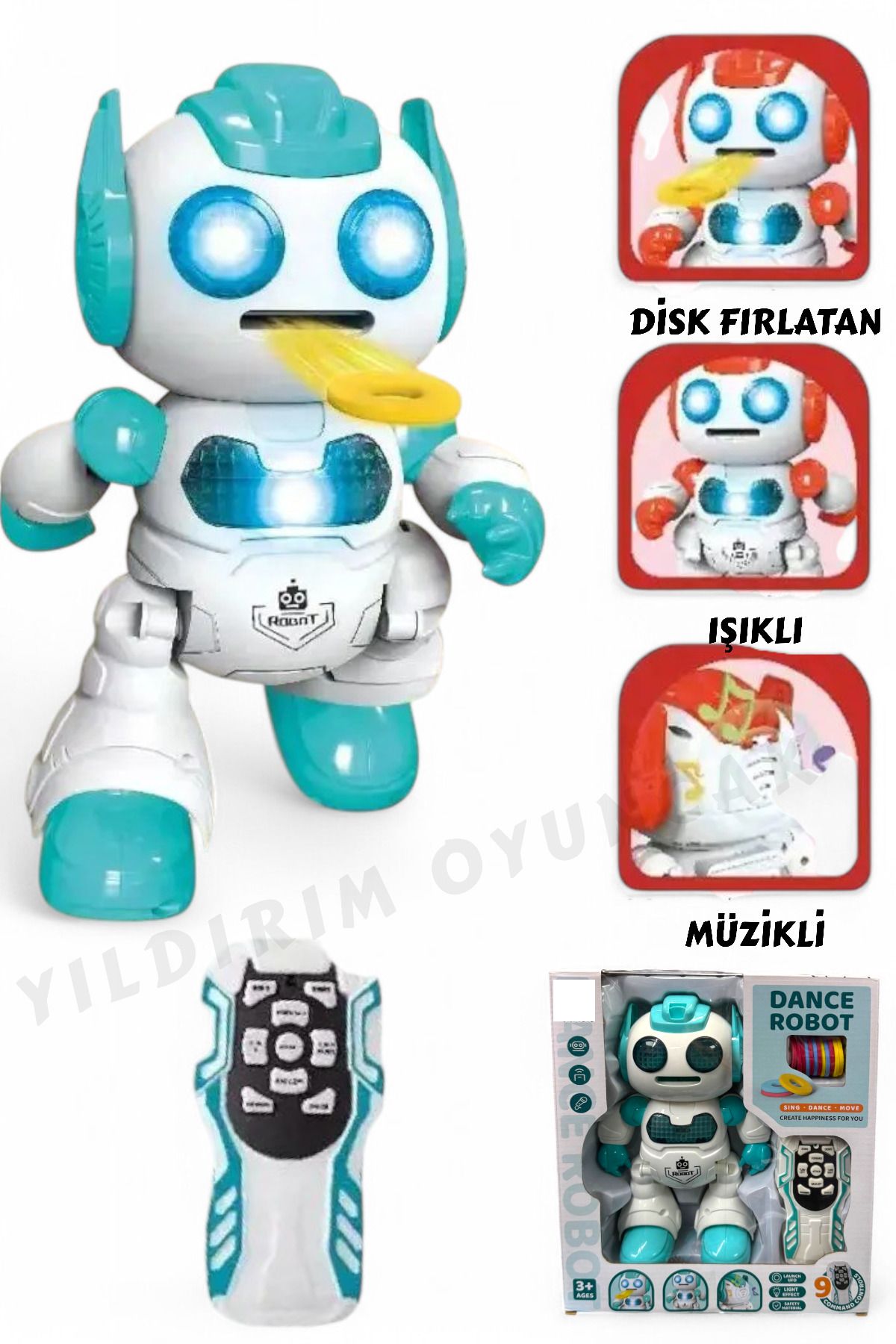 YILDIRIM OYUNCAK Uzaktan Kumandalı Disk Atan Sesli Işıklı Renkli Sevimli Robot Disk Fırlatan 22 cm Robot