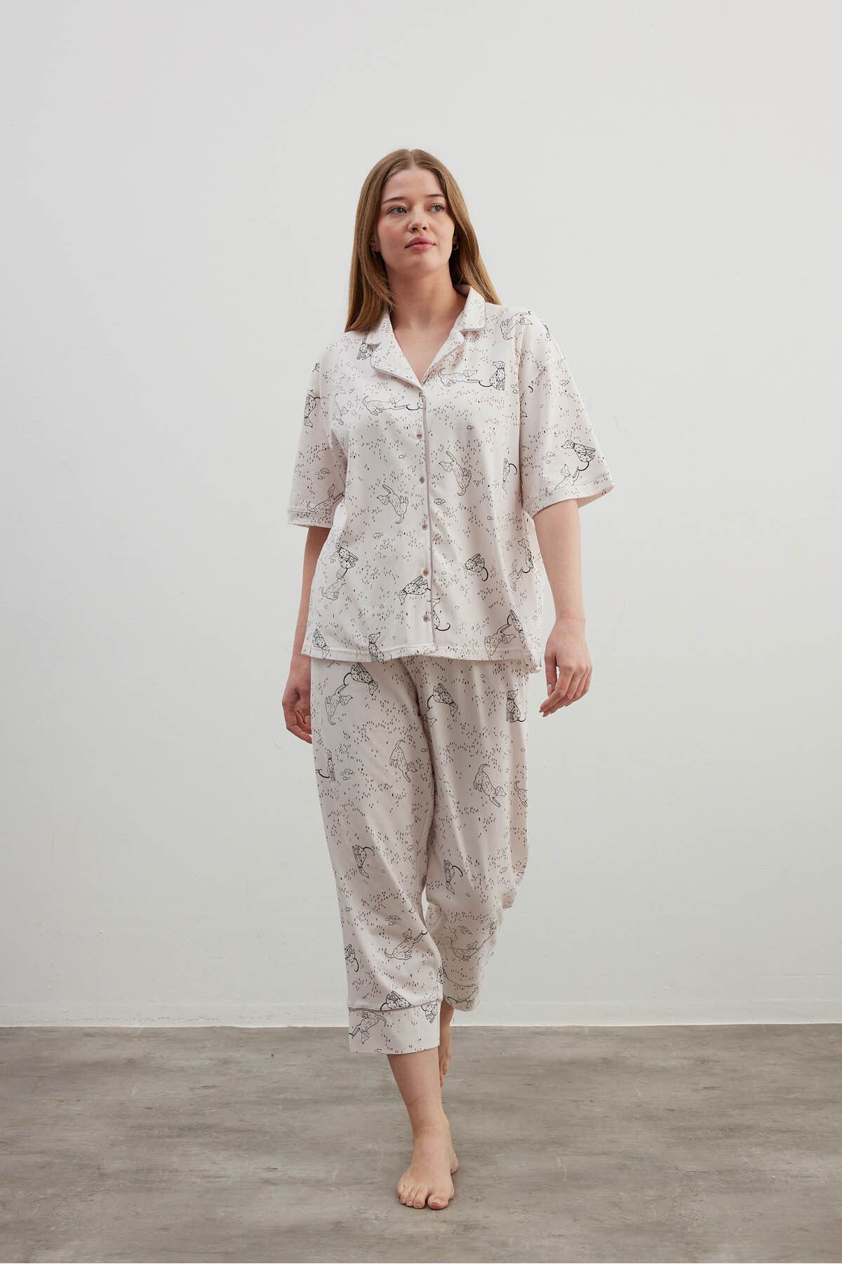 Hays Kadın Plus Size Pamuklu Gömlek Midi Pijama Takımı