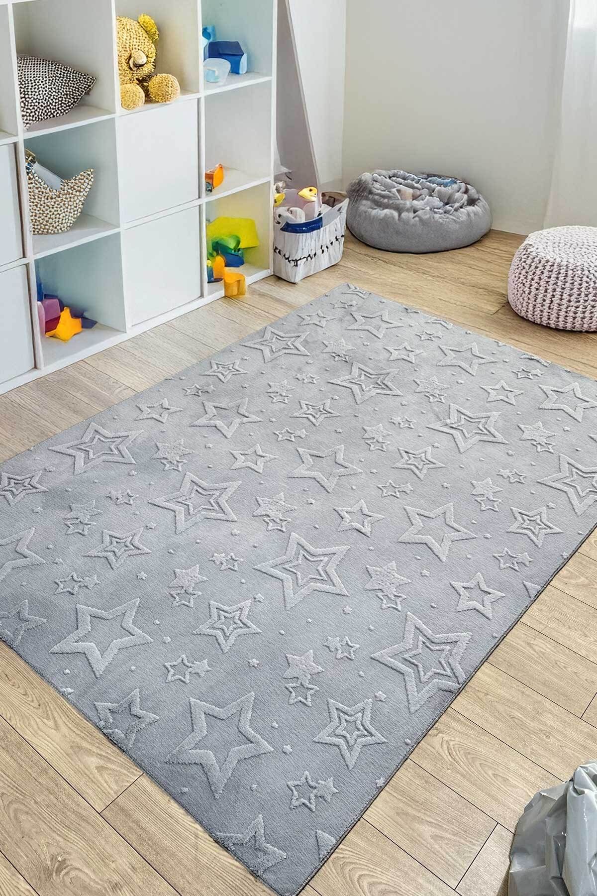 Decomia Home Stary Premium Puffy Peluş Kendinden Desenli Yıldızlı Kaymaz Taban Çocuk Halısı Oyun Halısı