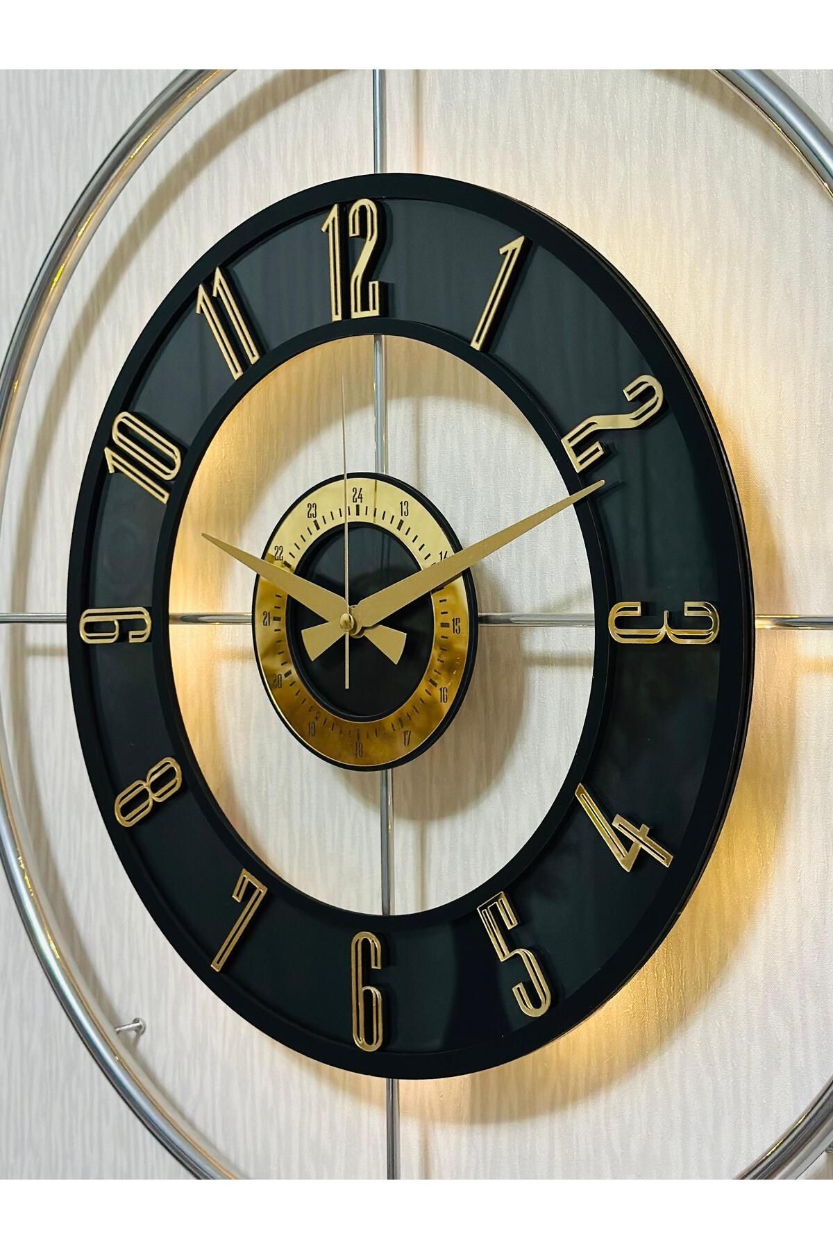 Pey Aksesuar Metal Camlı Duvar Saati KROM TOZ BOYA 60x80cm Büyük Boy Işıklı Gerçek Cam Duvar Saati Modern Tasarım