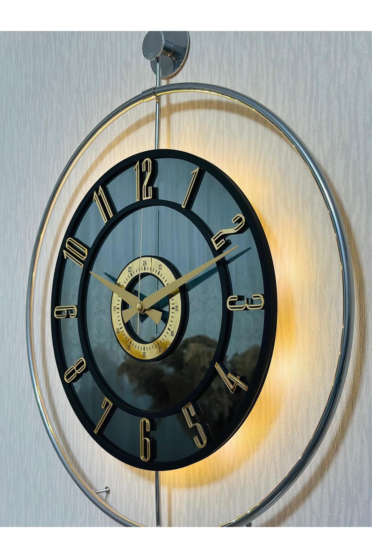 Pey Aksesuar Metal Camlı Duvar Saati Krom Statık 50 X 70cm Orta Boy Işıklı M51-kromgrı-füme-siyah-gold