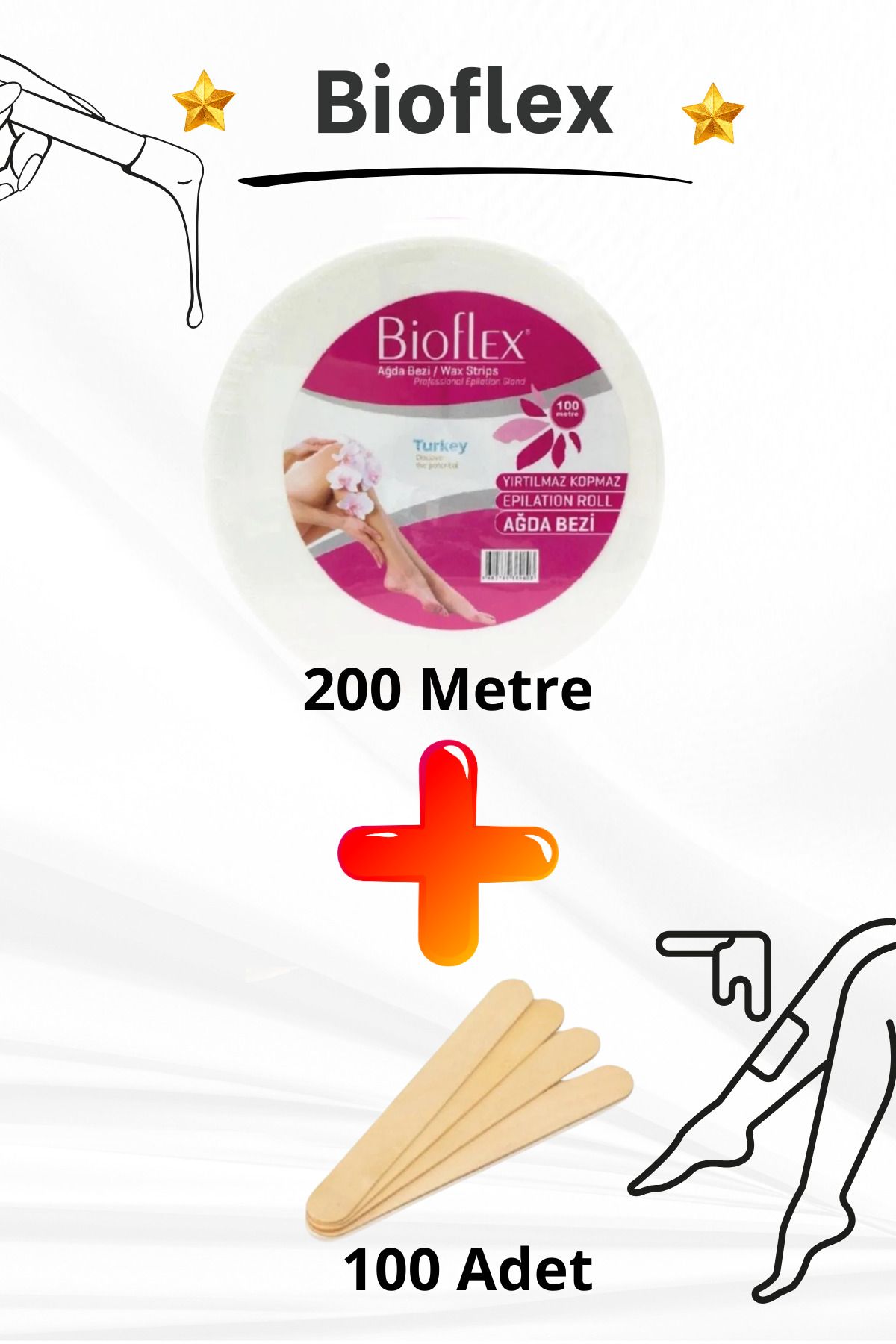Bioflex 200 Metre Ağda Bandı Bezi 100 Adet Spatula