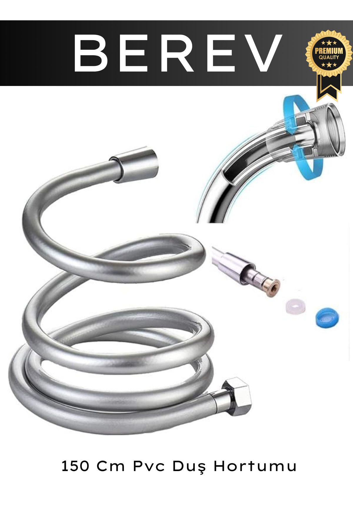 Berev Gümüş Pvc Banyo Duş Hortumu Dayanıklı Banyo Musluk Duş Hortum 1,5 Metre